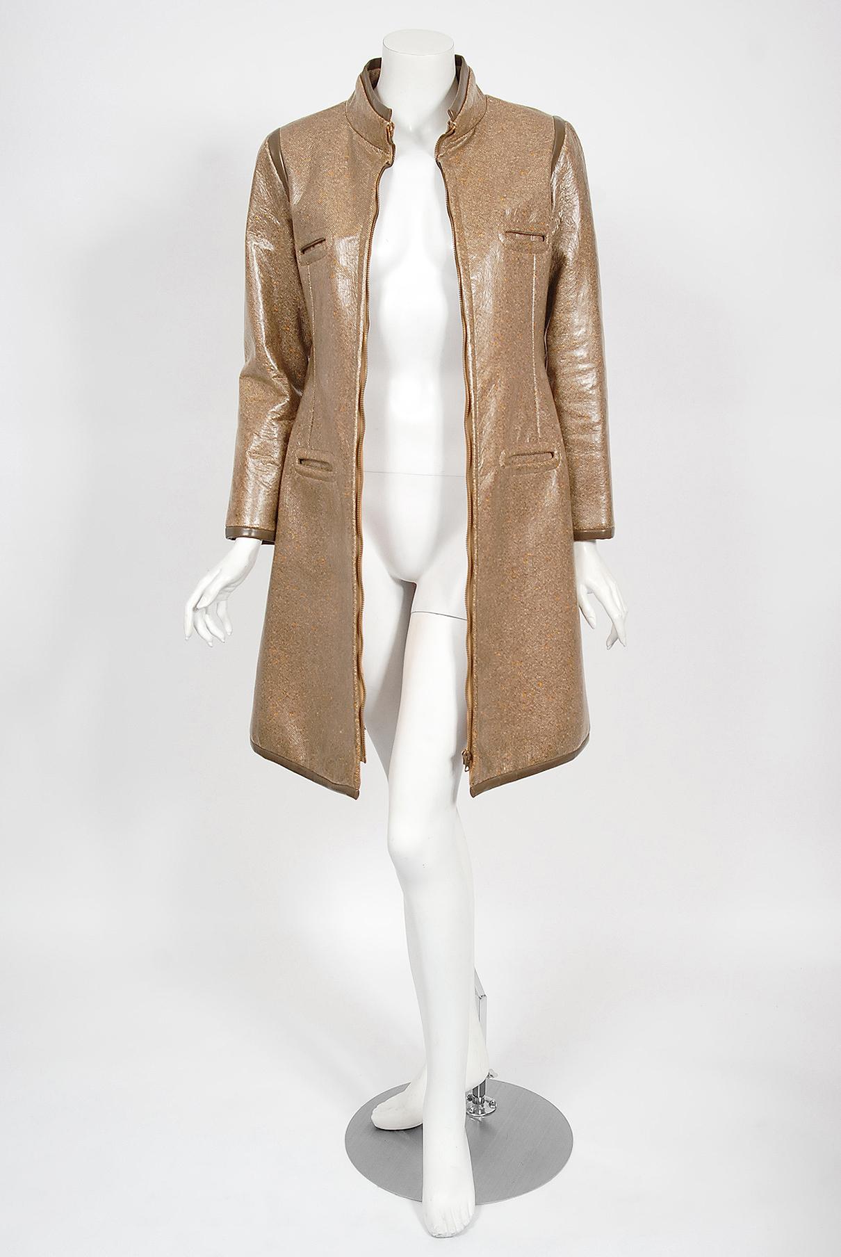 Women's Vintage 1968 Pierre Cardin Documented Vinyl Tweed Space-Age Mod Trench Jacket  For Sale
