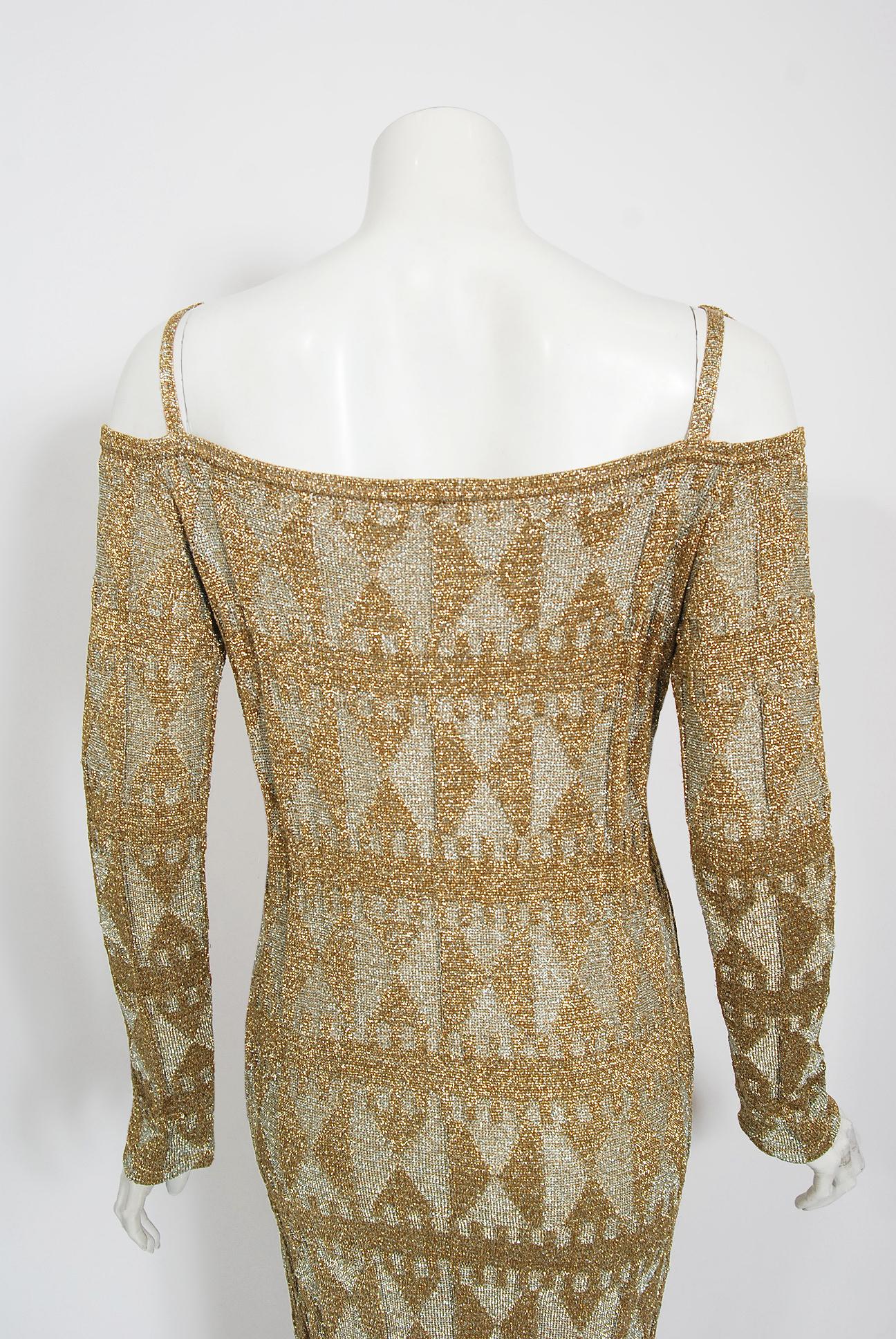Vintage 1968 Rudi Gernreich Metallic Gold Silber Geometrisch Gestrickt Ausschnitt Kleid 6