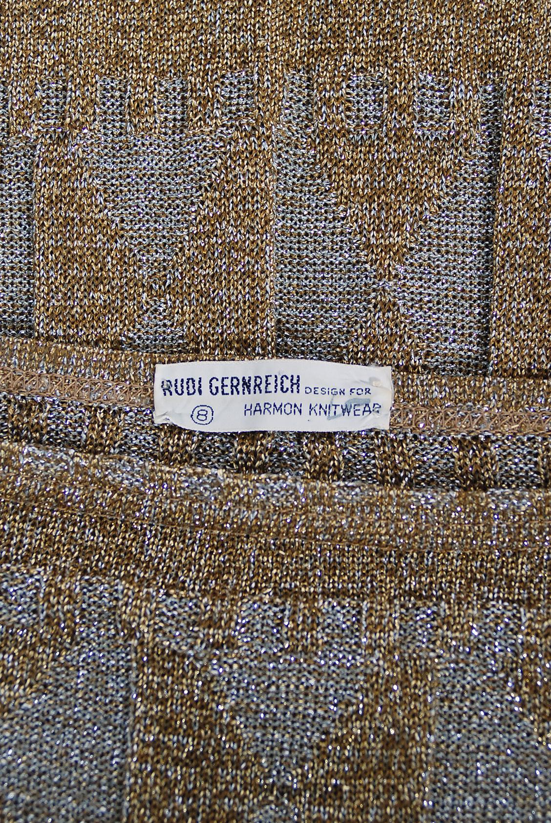 Vintage 1968 Rudi Gernreich Metallic Gold Silber Geometrisch Gestrickt Ausschnitt Kleid 7