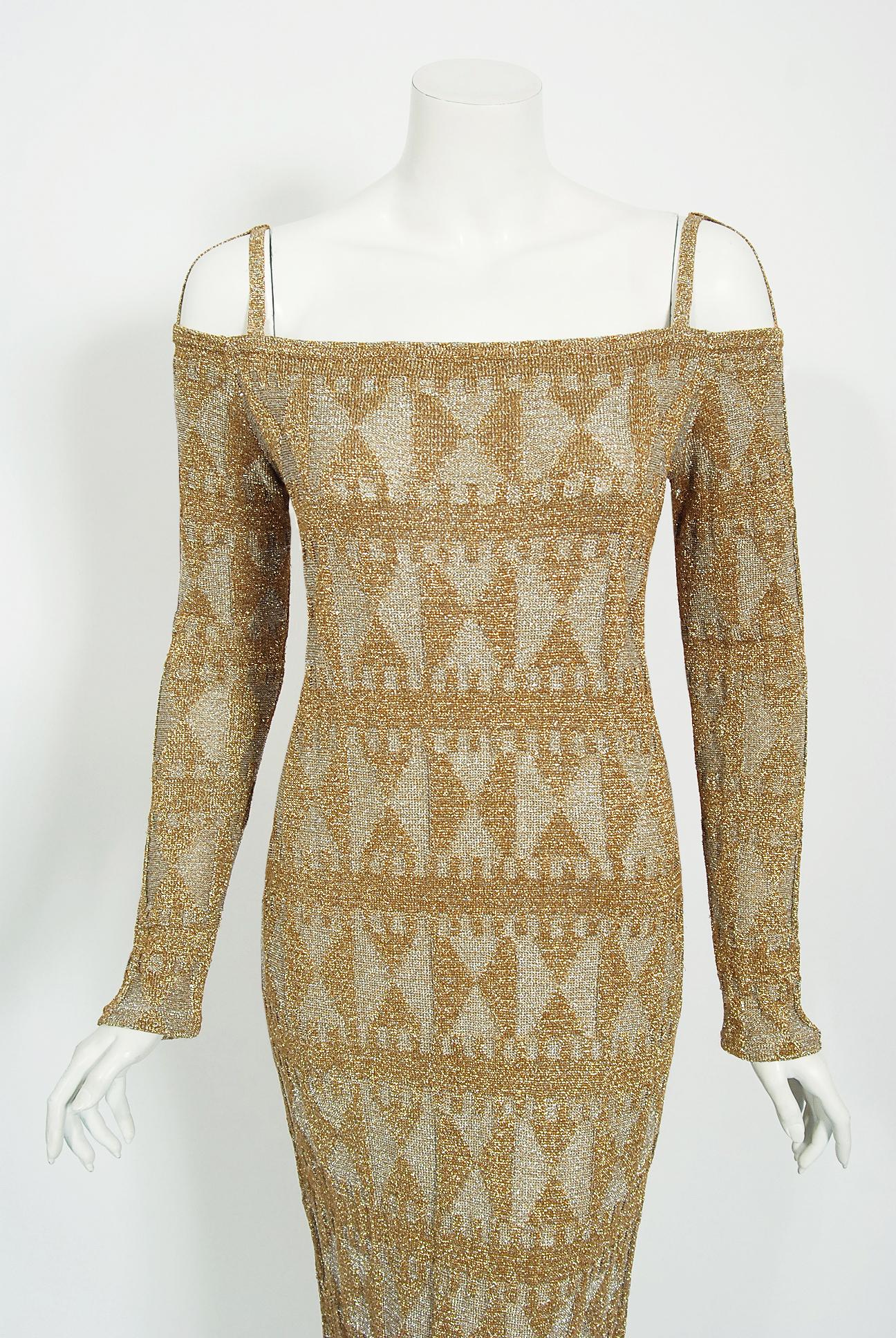 Vintage 1968 Rudi Gernreich Metallic Gold Silber Geometrisch Gestrickt Ausschnitt Kleid (Braun)
