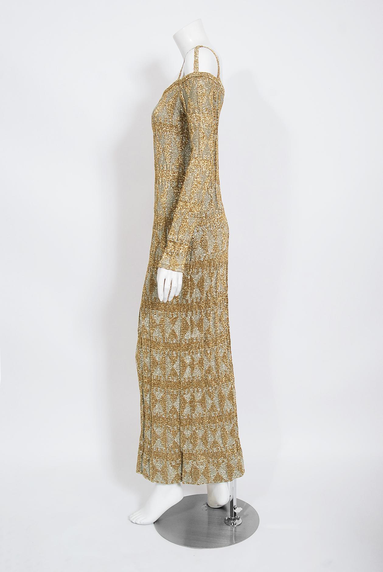 Vintage 1968 Rudi Gernreich Metallic Gold Silber Geometrisch Gestrickt Ausschnitt Kleid 1