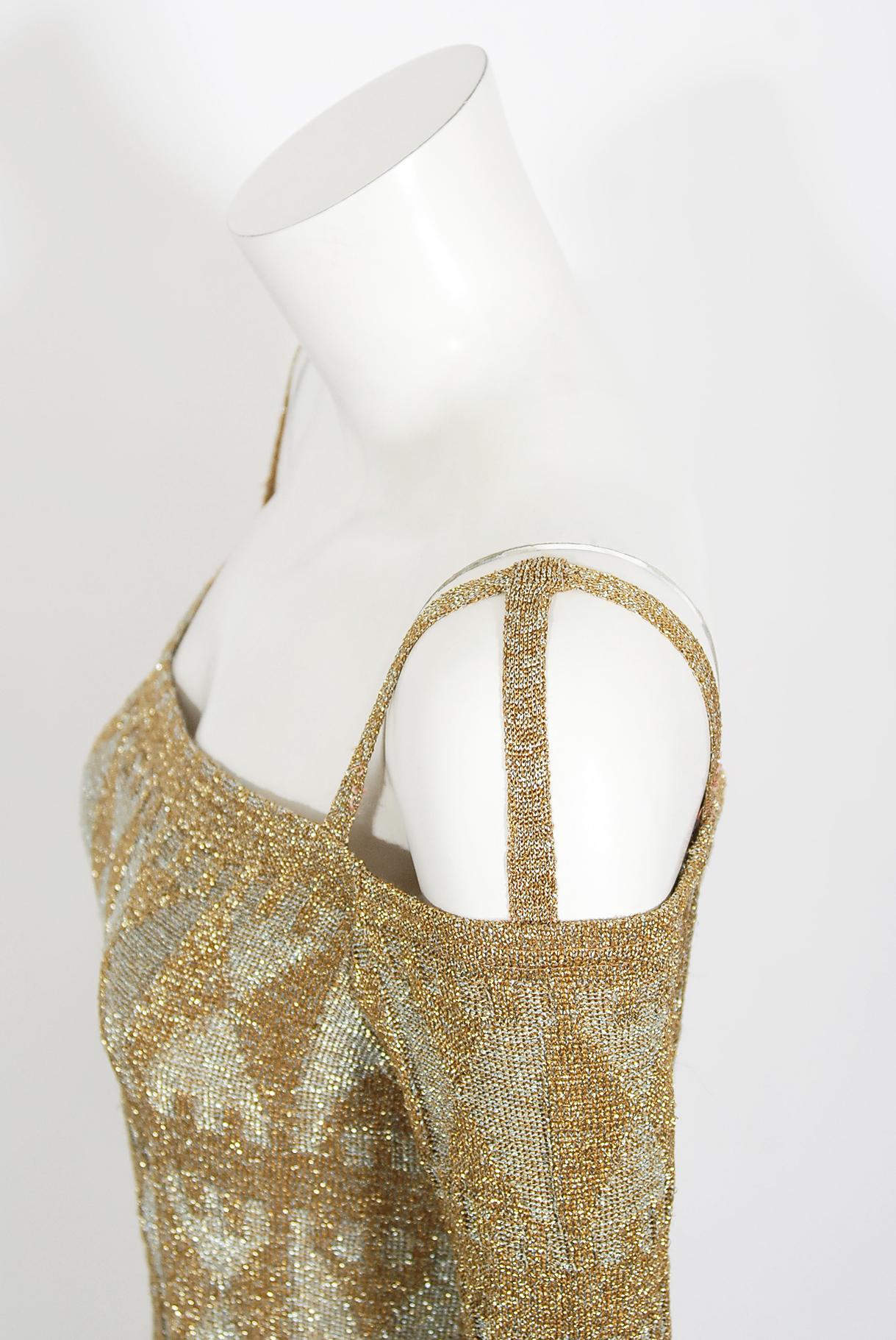 Vintage 1968 Rudi Gernreich Metallic Gold Silber Geometrisch Gestrickt Ausschnitt Kleid 2