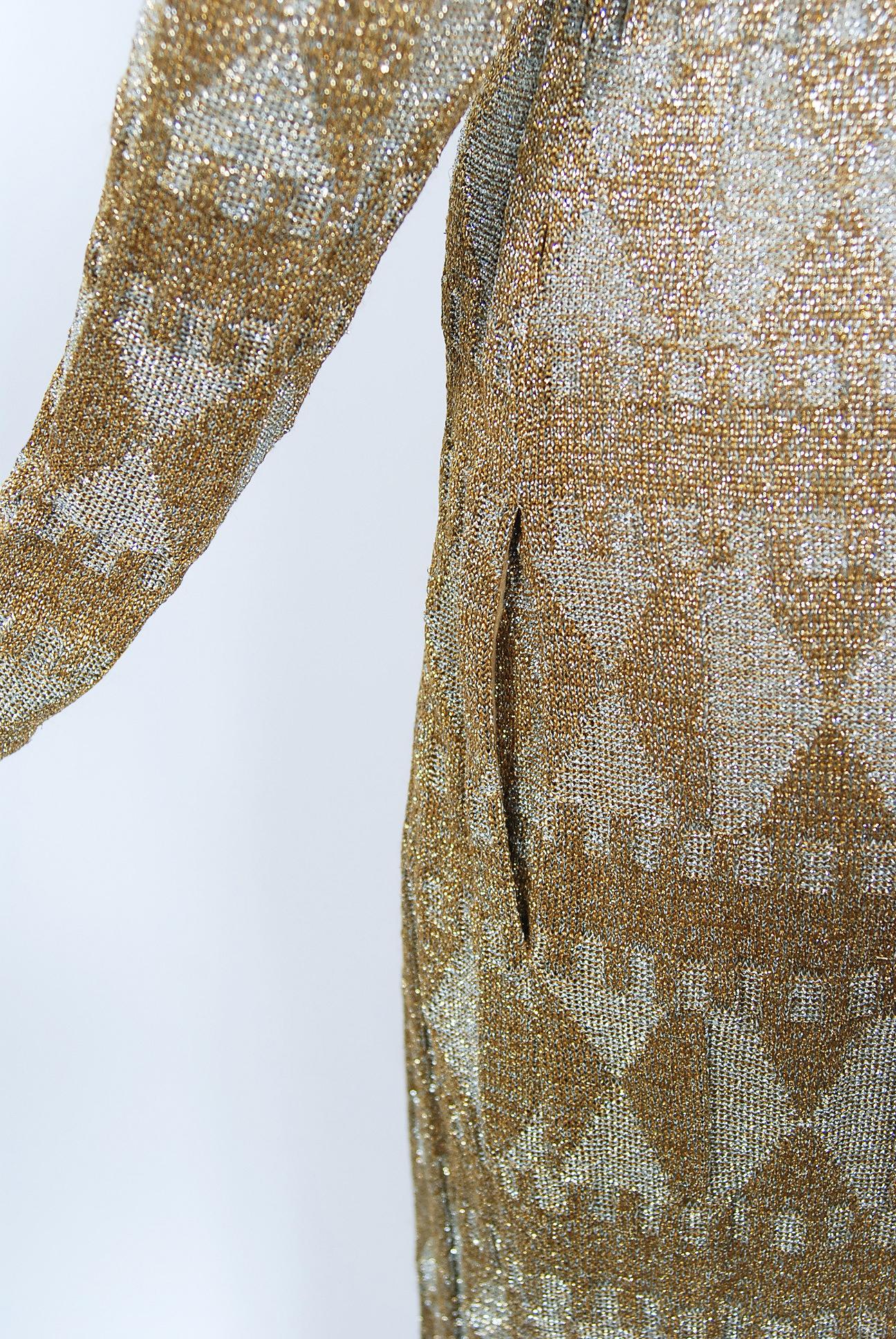Vintage 1968 Rudi Gernreich Metallic Gold Silber Geometrisch Gestrickt Ausschnitt Kleid 3