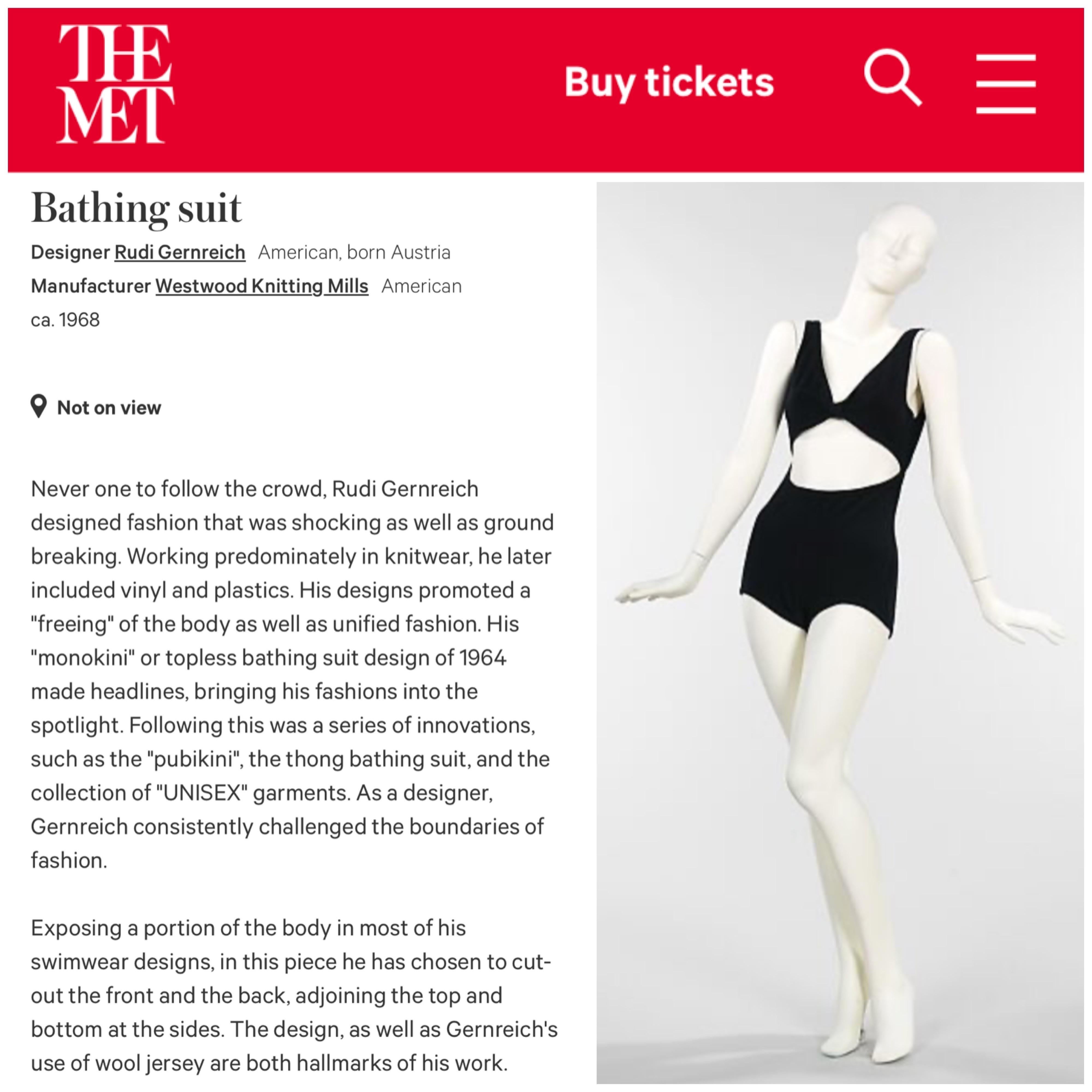 A highly coveted and museum-held Rudi Gernreich wool jersey cut-out swimsuit dating back to his 1968 collection. A fearless designer, Rudi Gernreich’s body conscious garments dazzled the fashion world with originality and vision. Gernreich held a