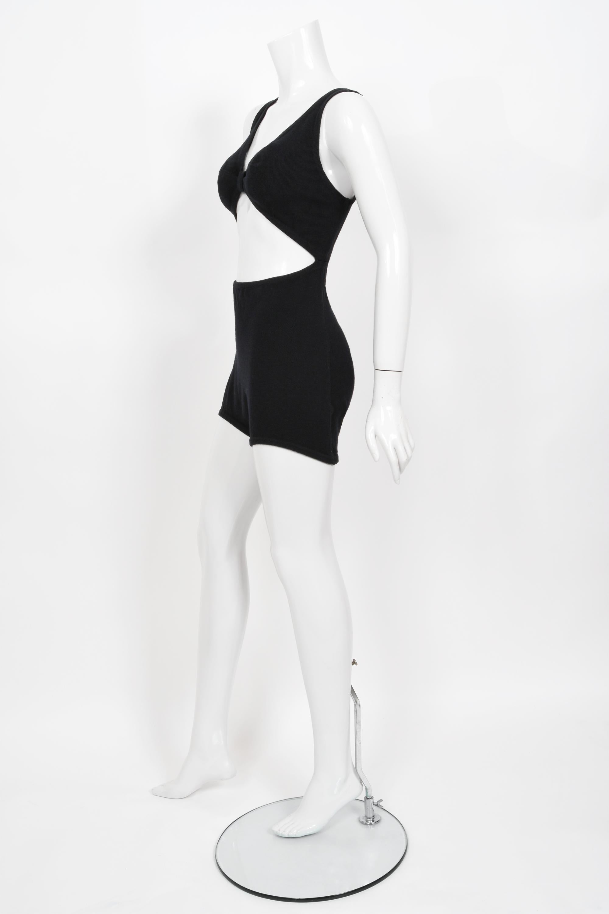 Women's Vintage 1968 Rudi Gernreich Museum-Held Black Wool Jersey Cut Out Mod Swimsuit  For Sale