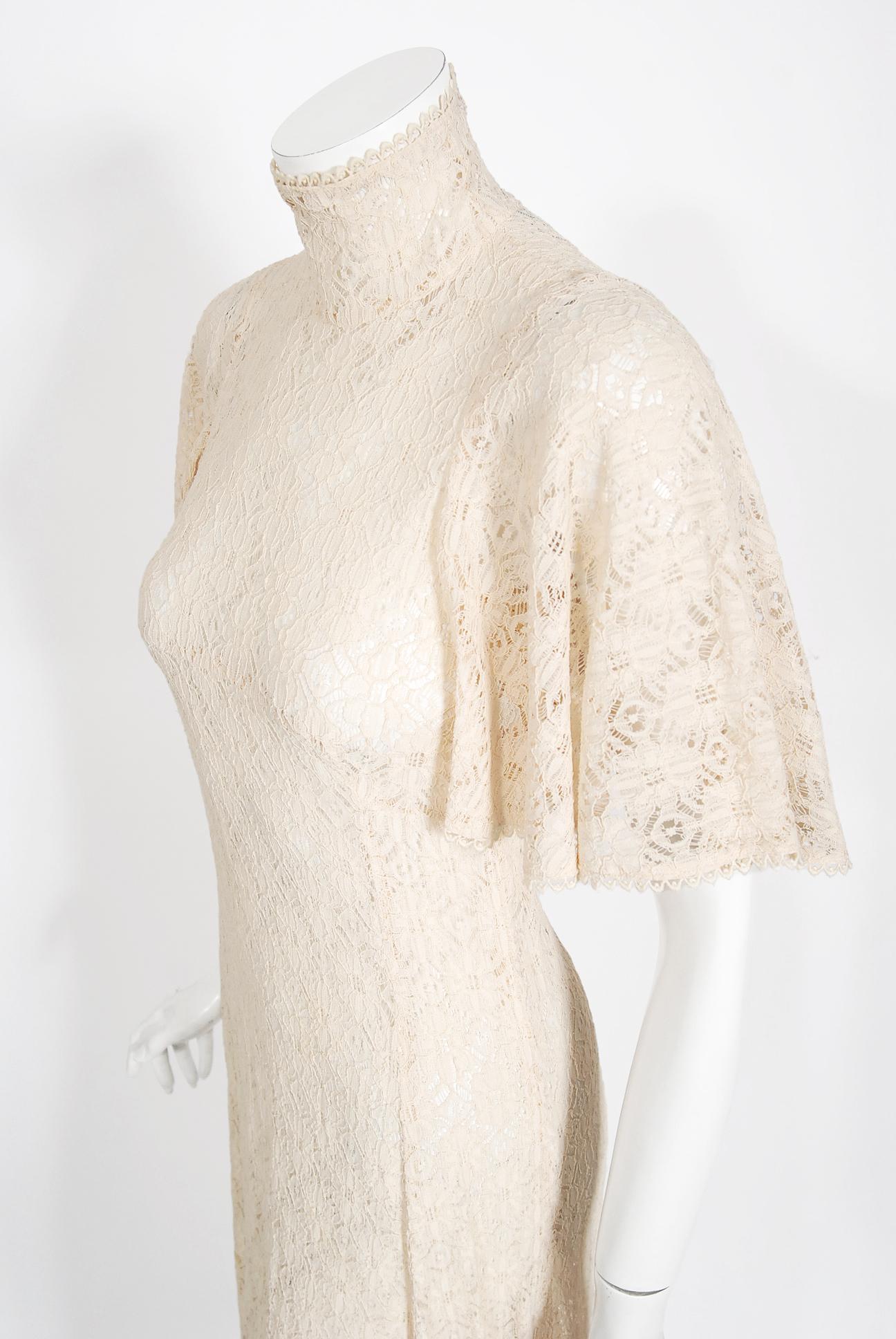Vintage 1969 Biba Documented Cream Sheer Lace High-Neck Flutter Sleeve Tea Dress 2