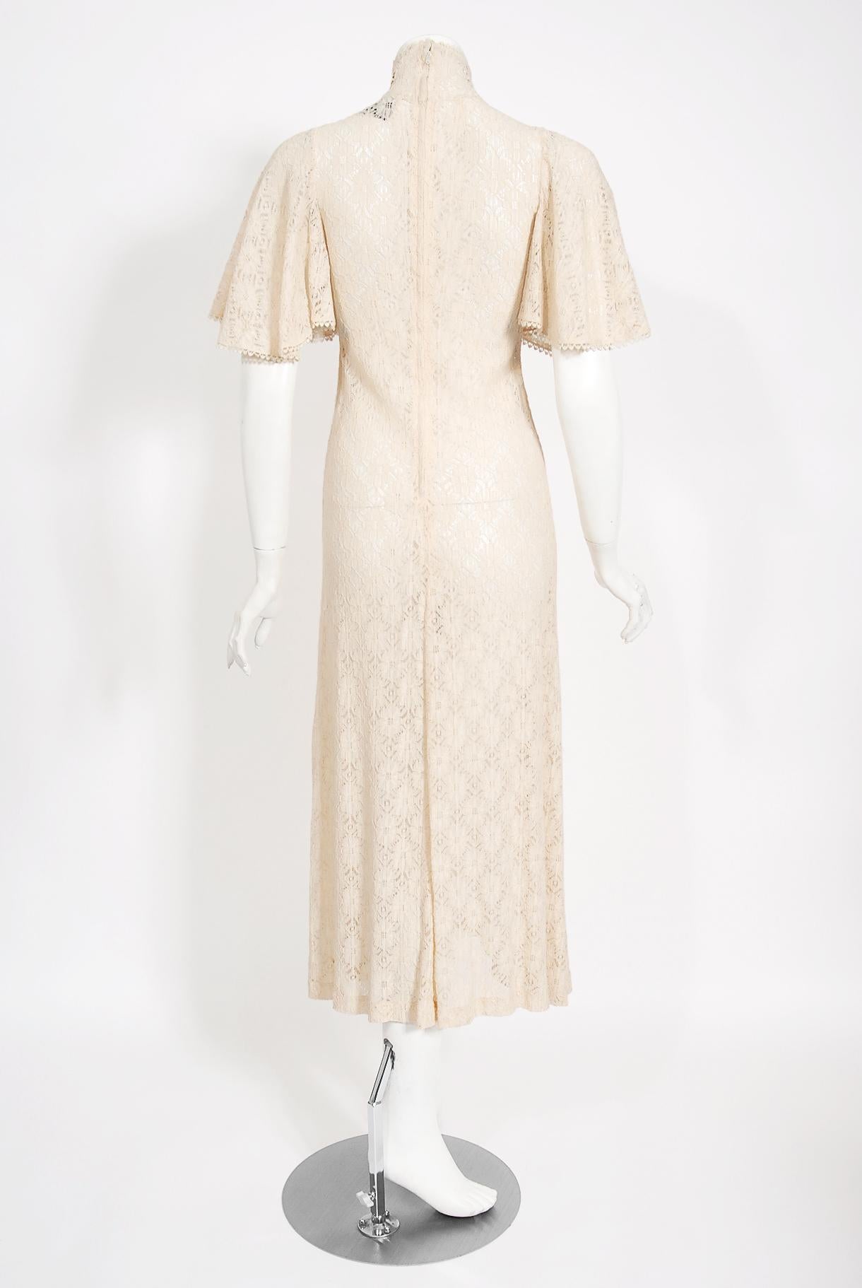 Vintage 1969 Biba Documented Cream Sheer Lace High-Neck Flutter Sleeve Tea Dress 4