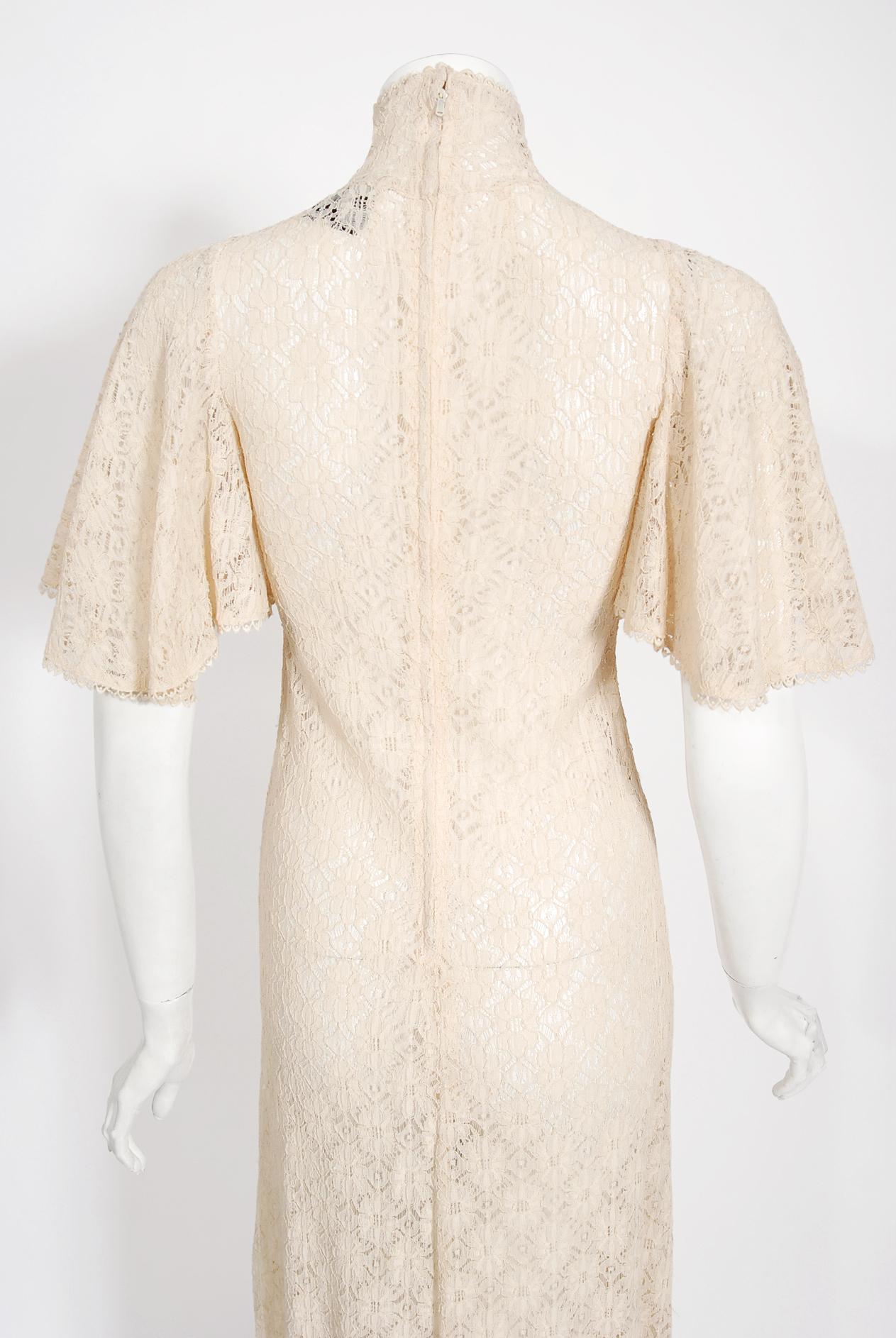 Vintage 1969 Biba Documented Cream Sheer Lace High-Neck Flutter Sleeve Tea Dress 5