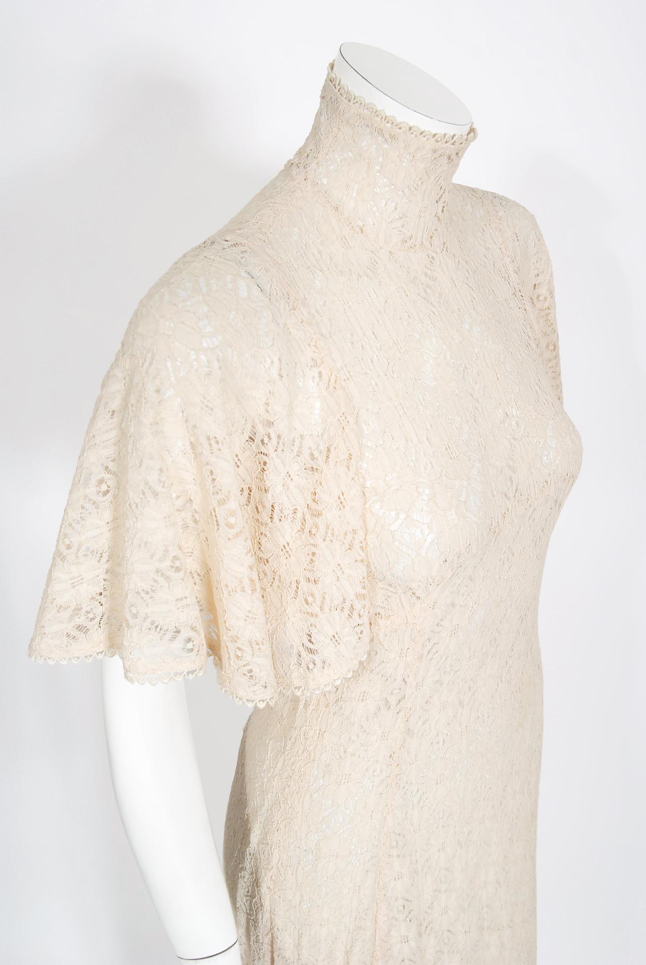 Beige Vintage 1969 Biba Documented Cream Sheer Lace High-Neck Flutter Sleeve Tea Dress
