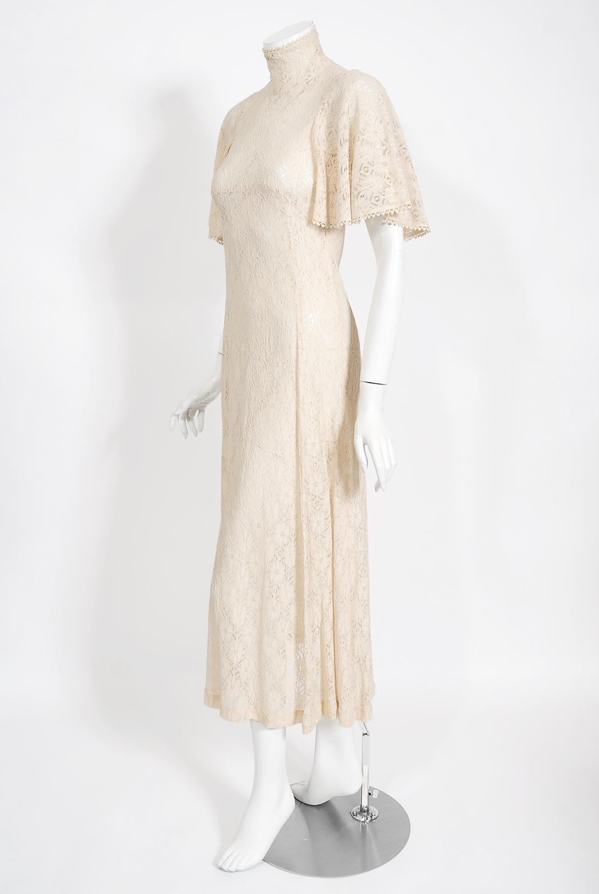 Vintage 1969 Biba Documented Cream Sheer Lace High-Neck Flutter Sleeve Tea Dress 1