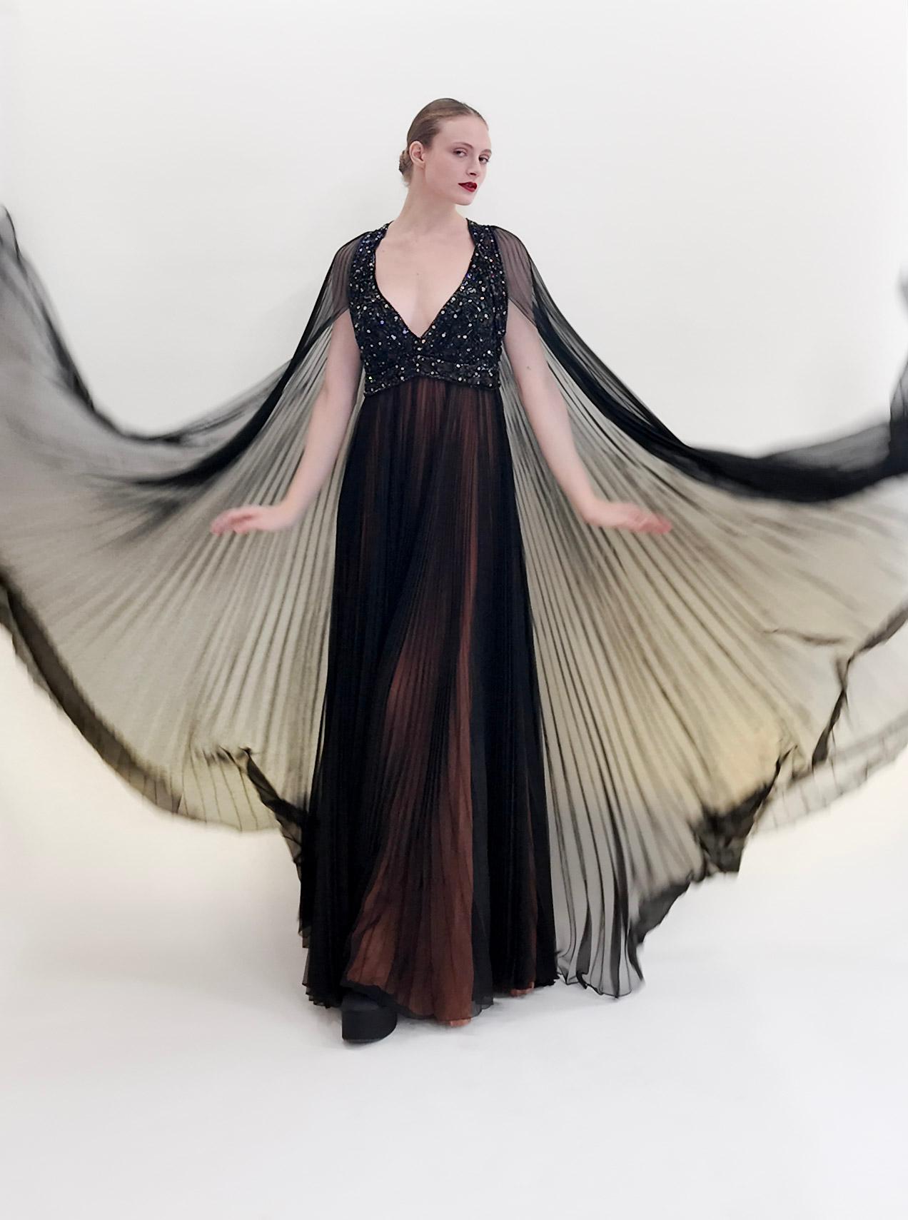 Black Vintage 1969 Bob Mackie /Bob Aghayan Pleated Gown With Cape