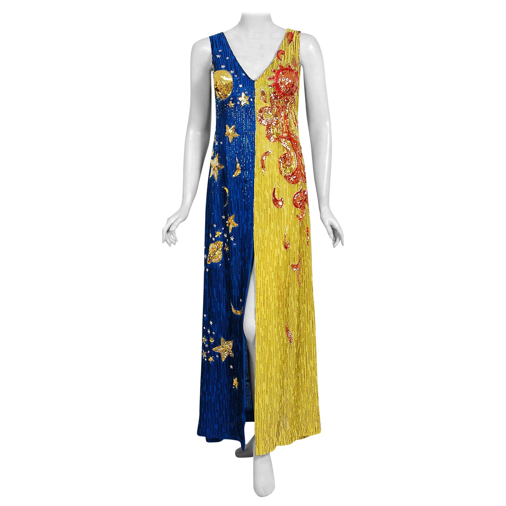 Vintage 1969 Boyd Clopton Couture Celestial Sun & Moon Beaded High-Slit Gown 