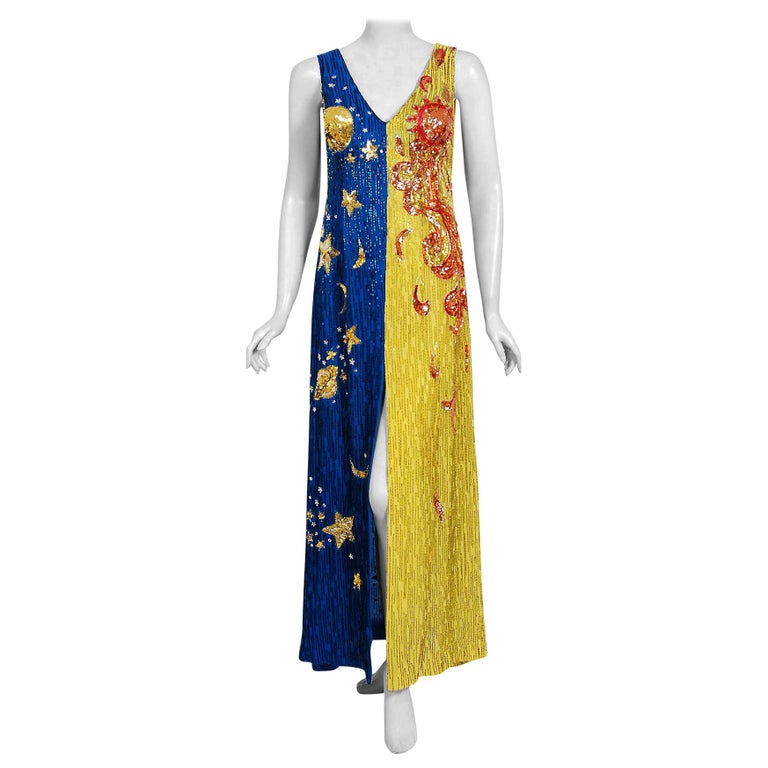 Vintage 1969 Boyd Clopton Couture Celestial Sun and Moon Beaded High-Slit  Gown at 1stDibs | sun and moon dress to impress, sun and moon dressing gown,  aretha franklin bill blass gown