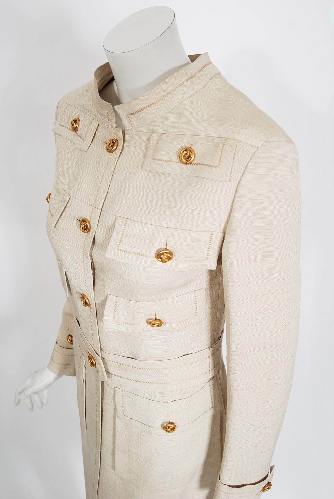 Beige Vintage 1969 Chanel Haute Couture Documented Oatmeal Linen Jacket Skirt Suit 