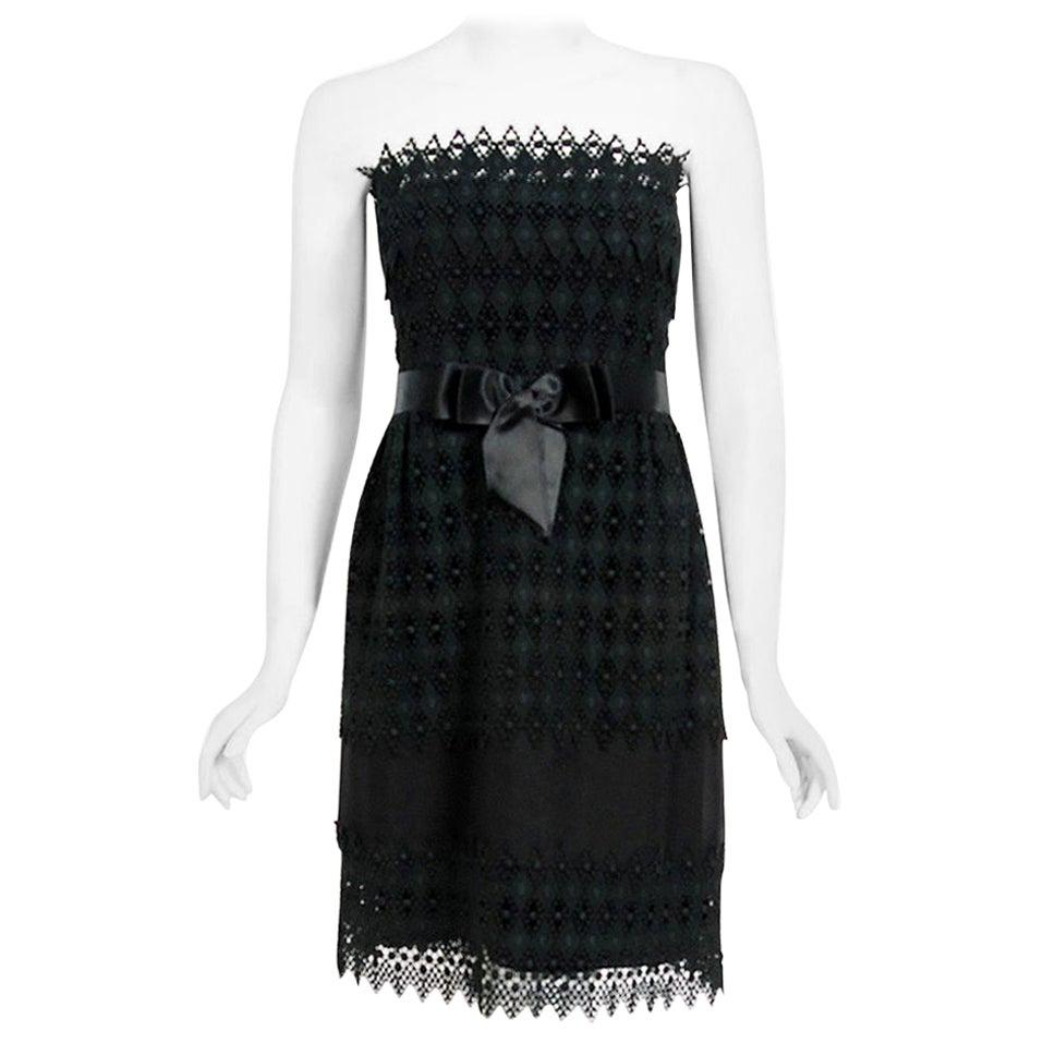 Vintage 1969 Christian Dior For Saks Black Lace & Silk Strapless Bow Mini Dress