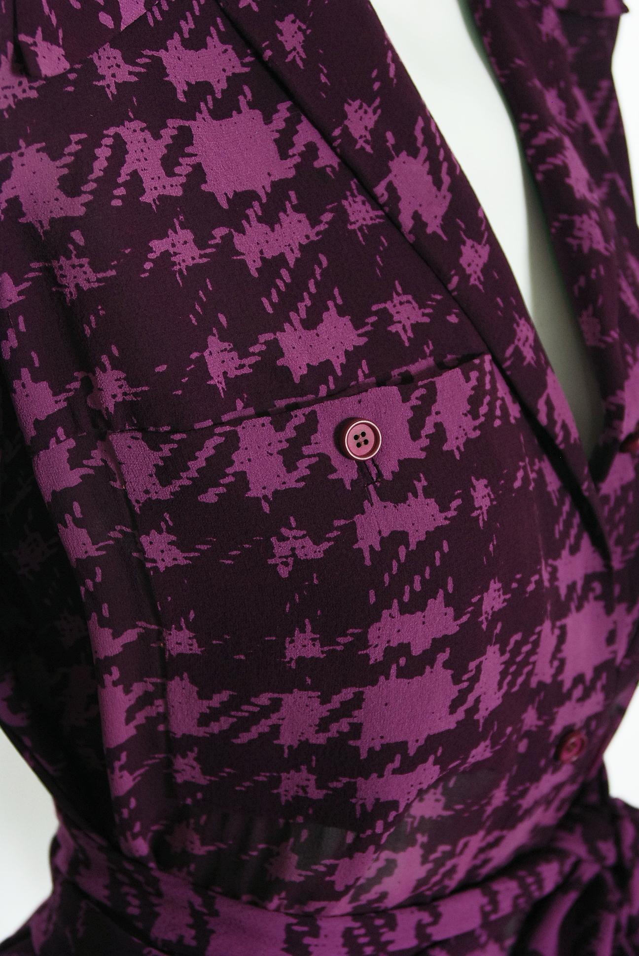 Black Vintage 1969 Christian Dior Haute Couture Purple Houndstooth Silk Belted Dress