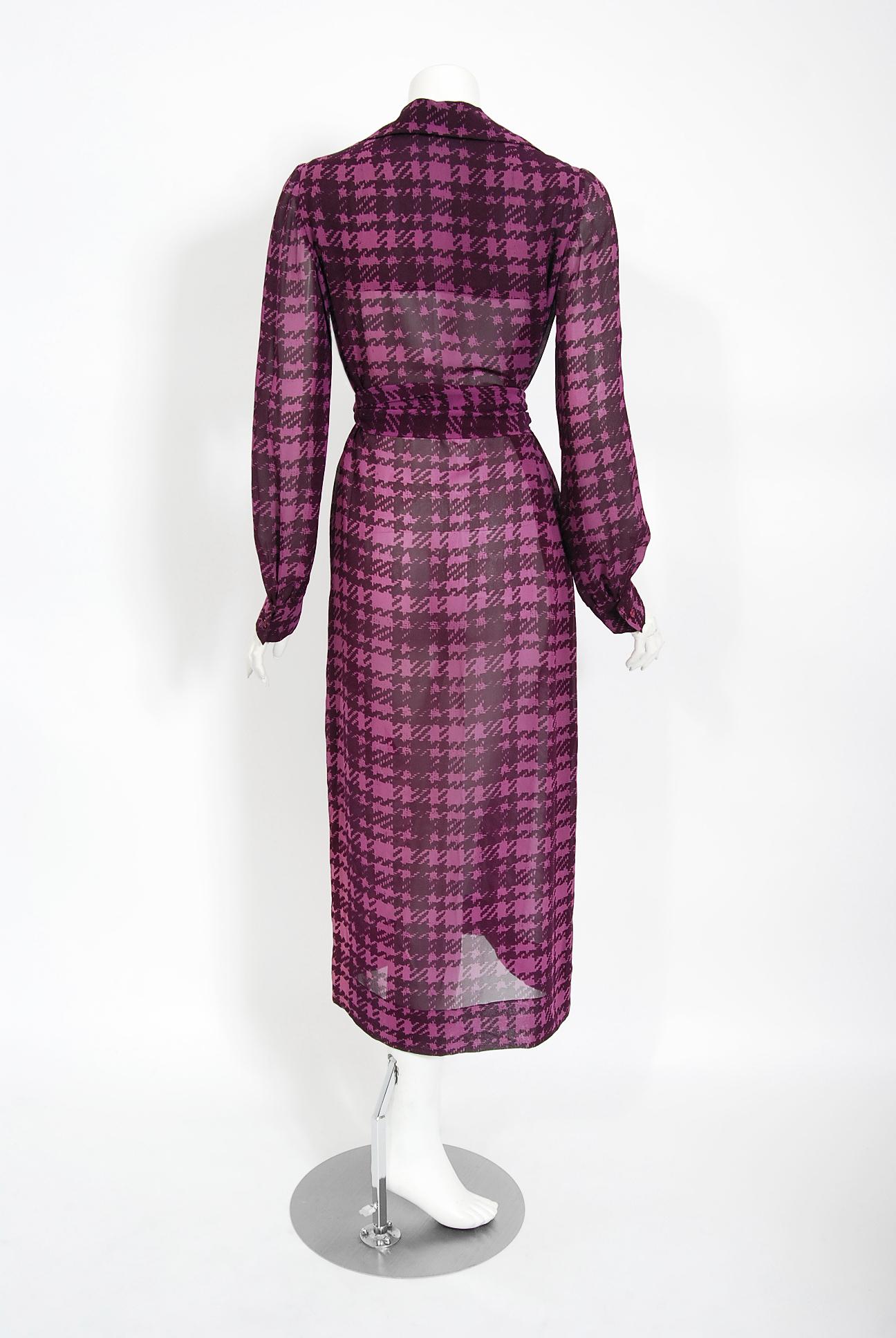 Vintage 1969 Christian Dior Haute Couture Purple Houndstooth Silk Belted Dress 1