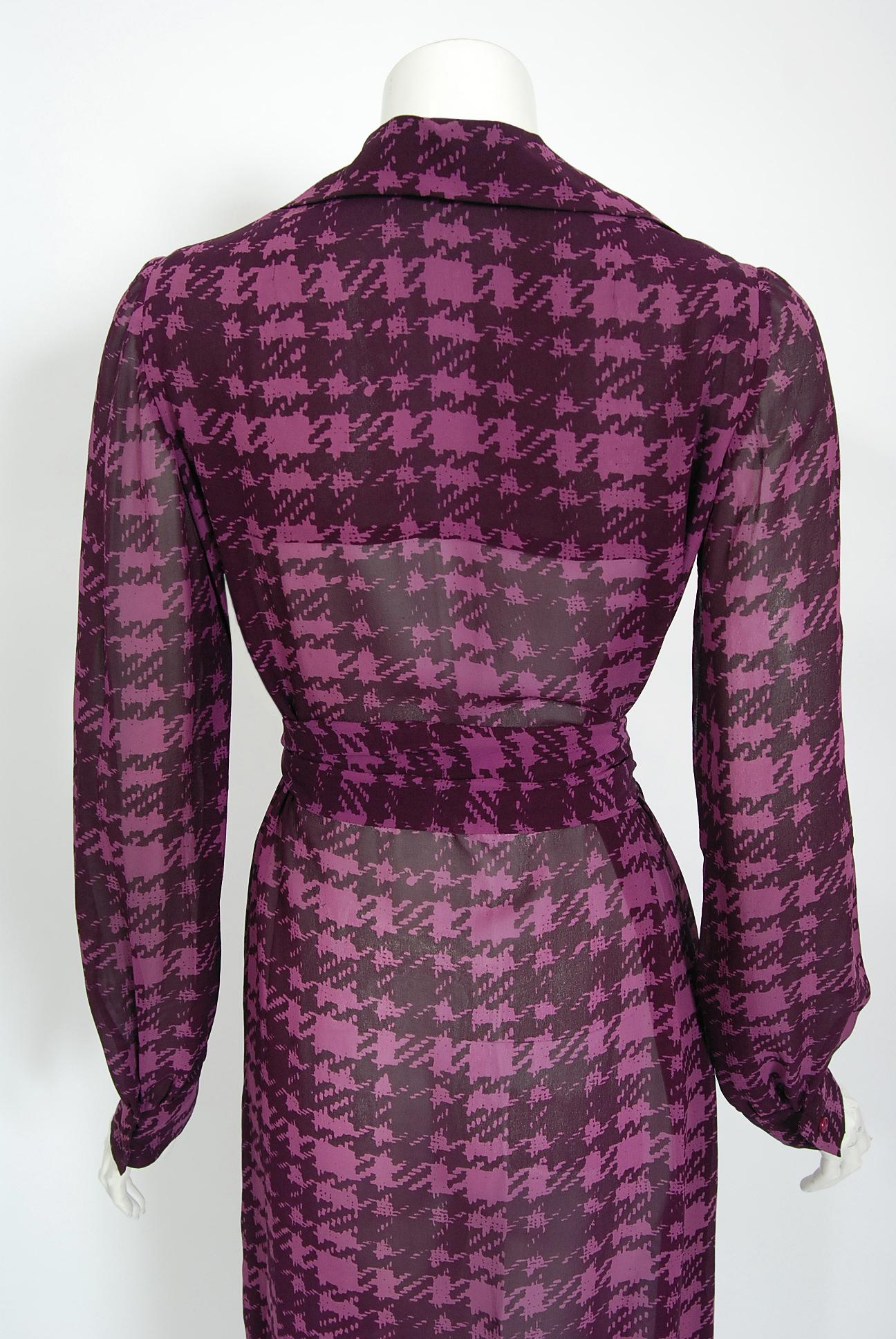 Vintage 1969 Christian Dior Haute Couture Purple Houndstooth Silk Belted Dress 2