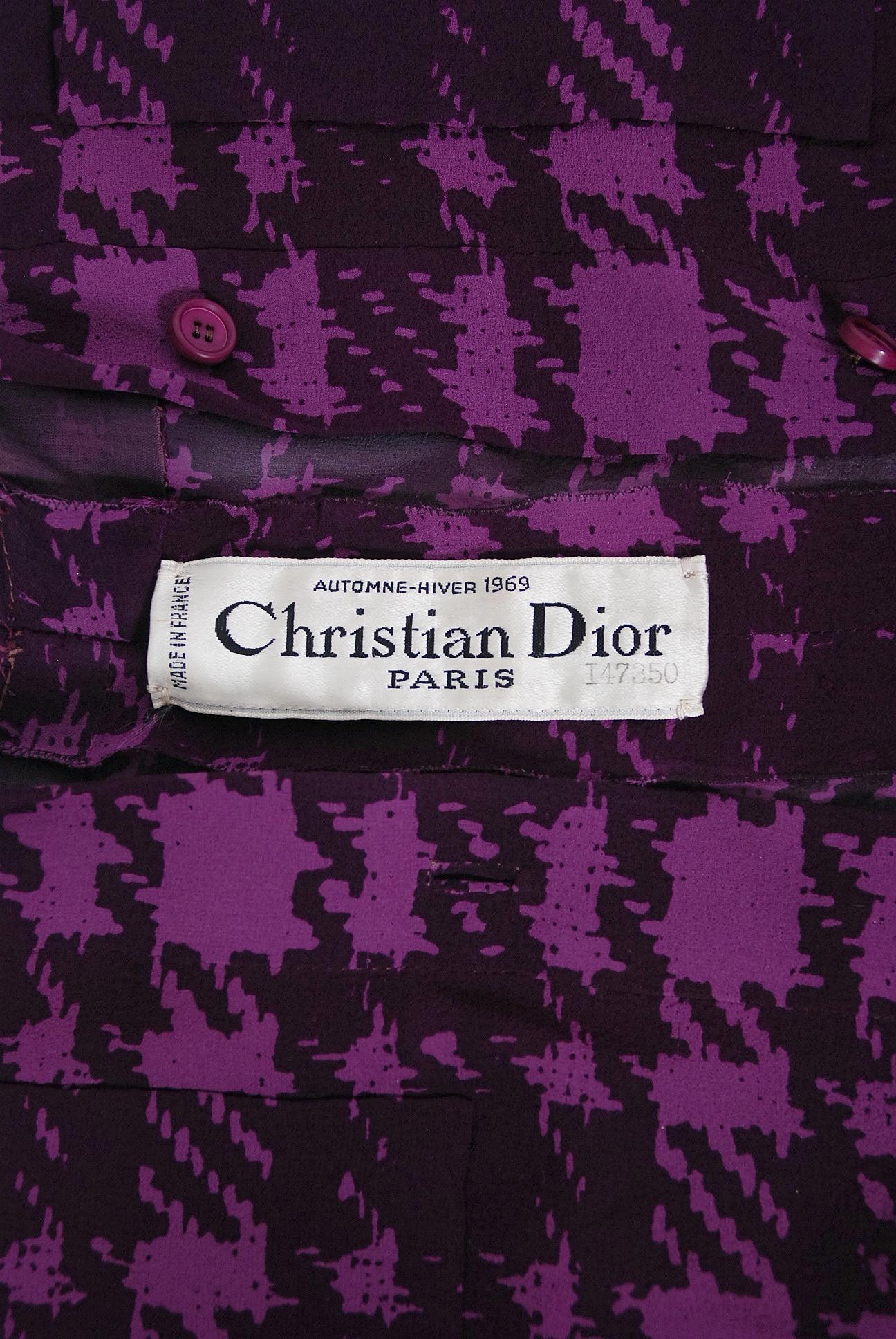 Vintage 1969 Christian Dior Haute Couture Purple Houndstooth Silk Belted Dress 3