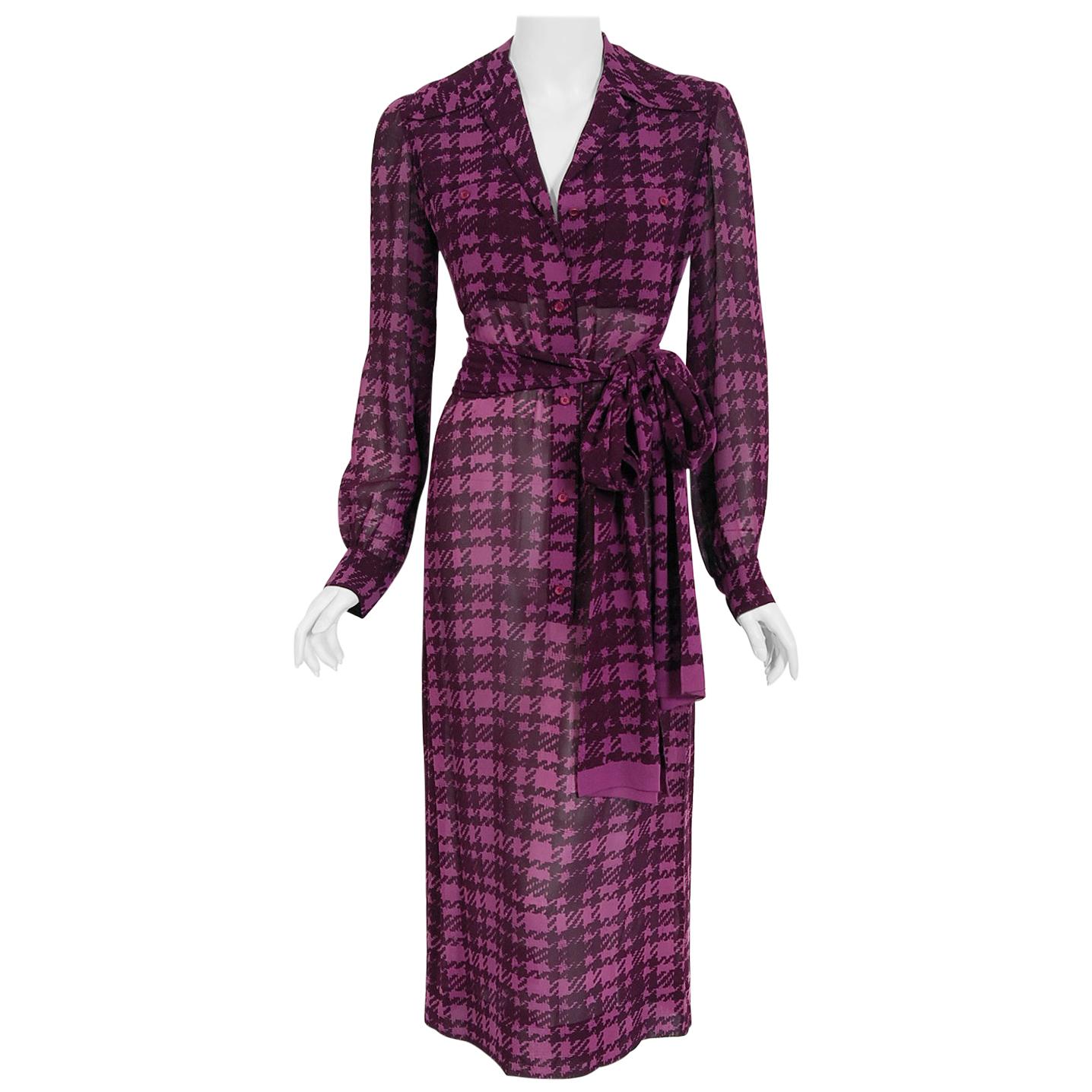 Vintage 1969 Christian Dior Haute Couture Purple Houndstooth Silk Belted Dress