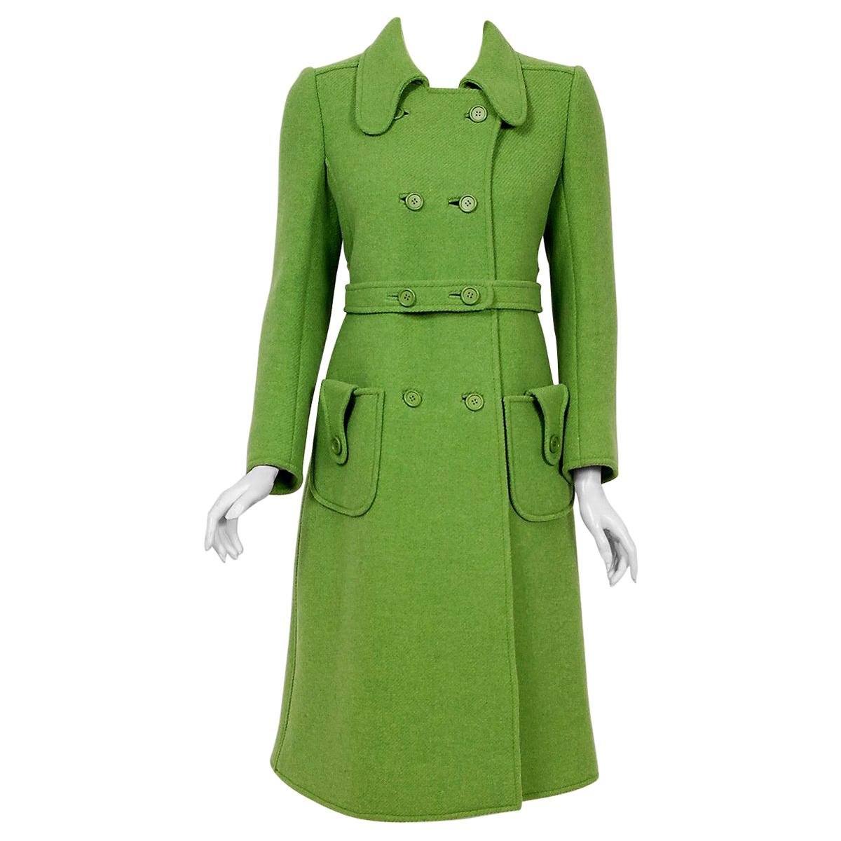 Vintage 1969 Courreges Couture Green Wool Double-Breasted Mod Belted Coat 