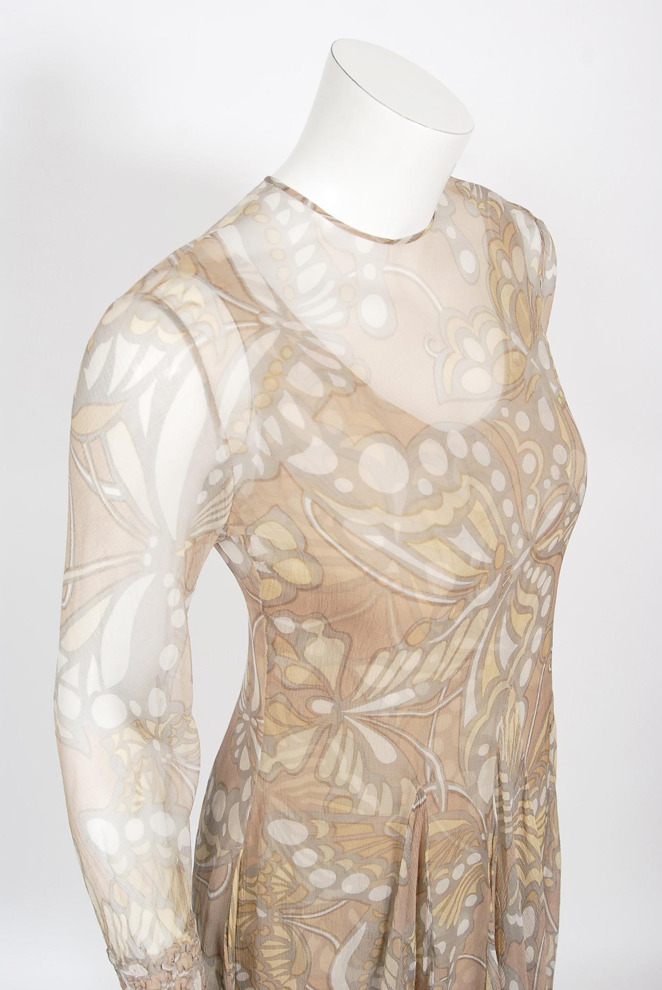 Vintage 1960's Galanos Couture Nude Butterfly Print Sheer Silk Pleated Dress For Sale 5