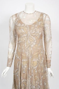 Vintage 1960's Galanos Couture Nude Butterfly Print Sheer Silk Pleated Dress