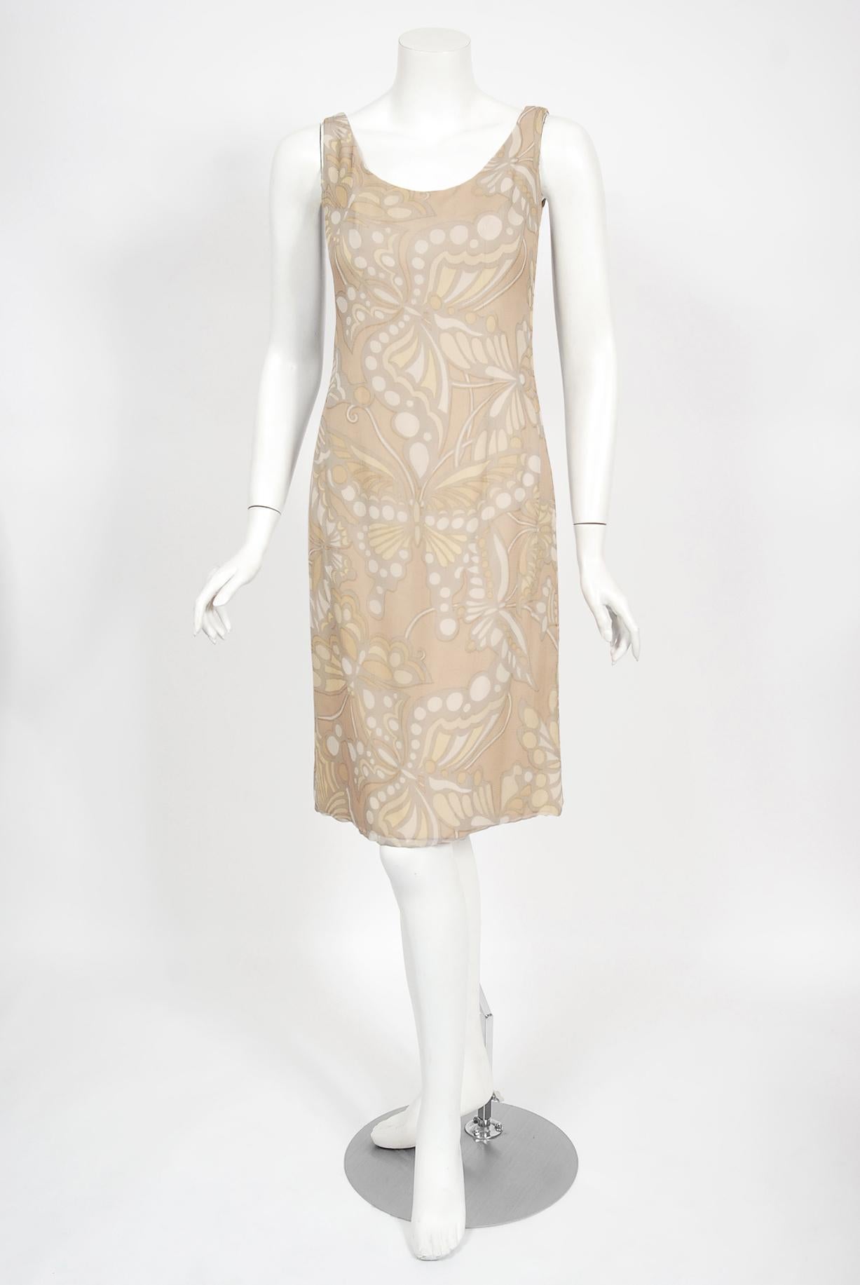 Vintage 1960's Galanos Couture Nude Butterfly Print Sheer Silk Pleated Dress In Good Condition For Sale In Beverly Hills, CA