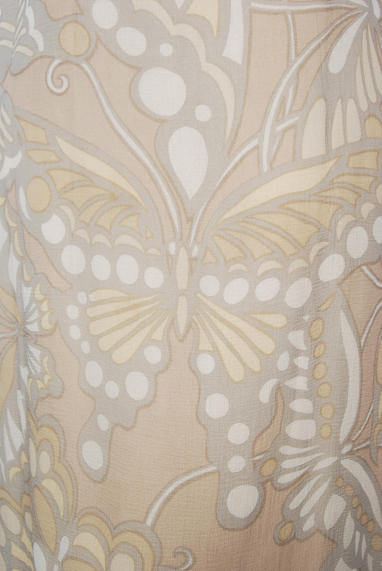 Vintage 1960's Galanos Couture Nude Butterfly Print Sheer Silk Pleated Dress For Sale 1