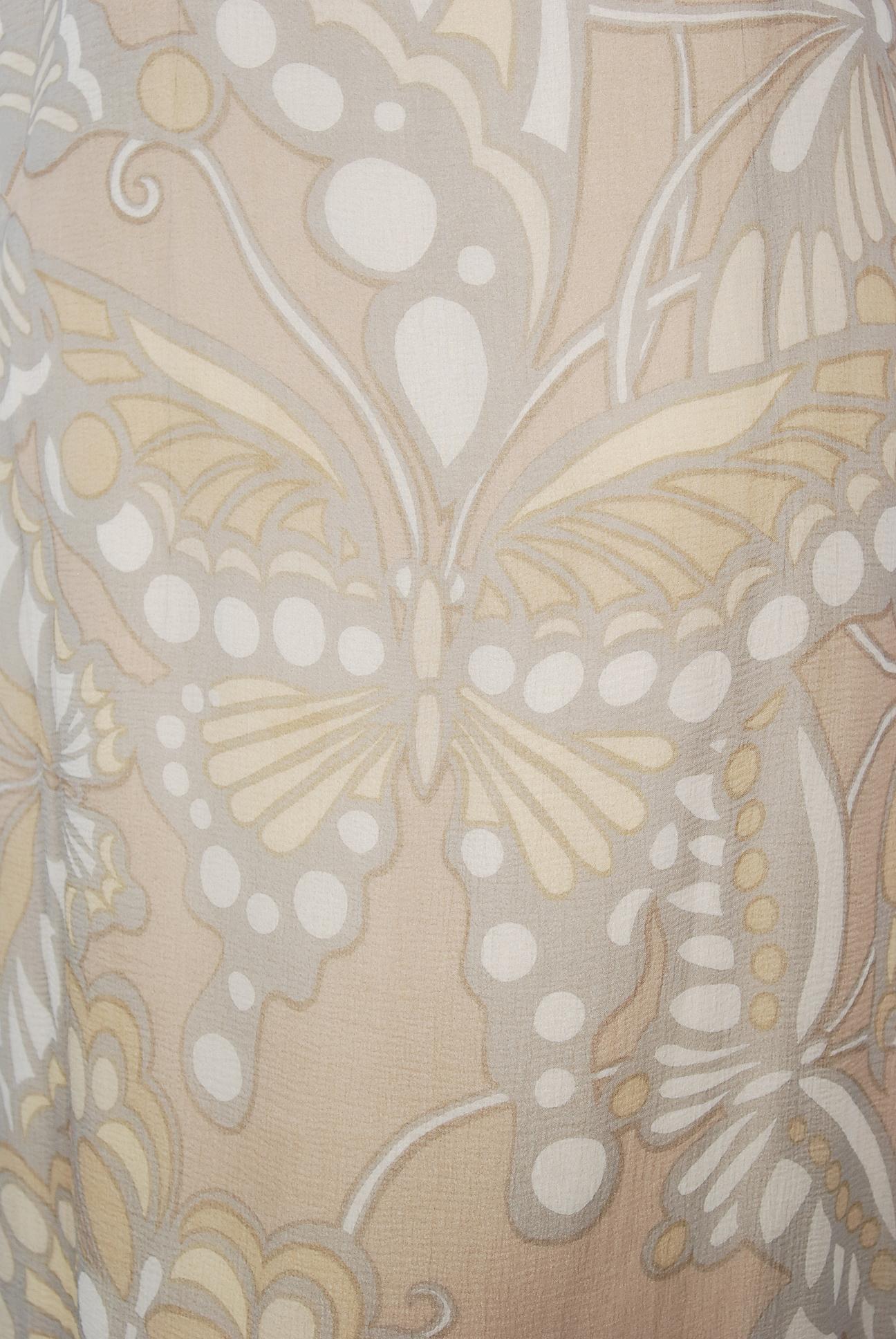 Vintage 1960's Galanos Couture Nude Butterfly Print Sheer Silk Pleated Dress For Sale 1