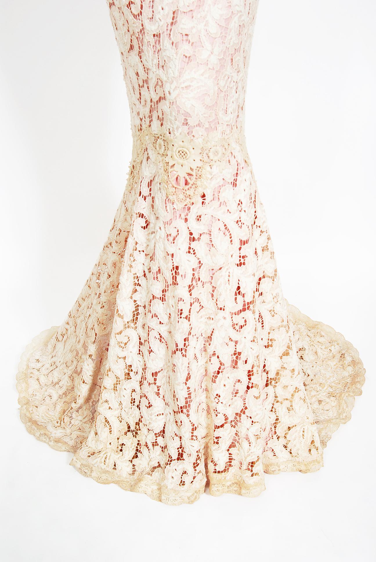 Vintage 1969 Gypsy Rose Lee Custom Couture Ivory Lace & Pink Silk Victorian Gown For Sale 2
