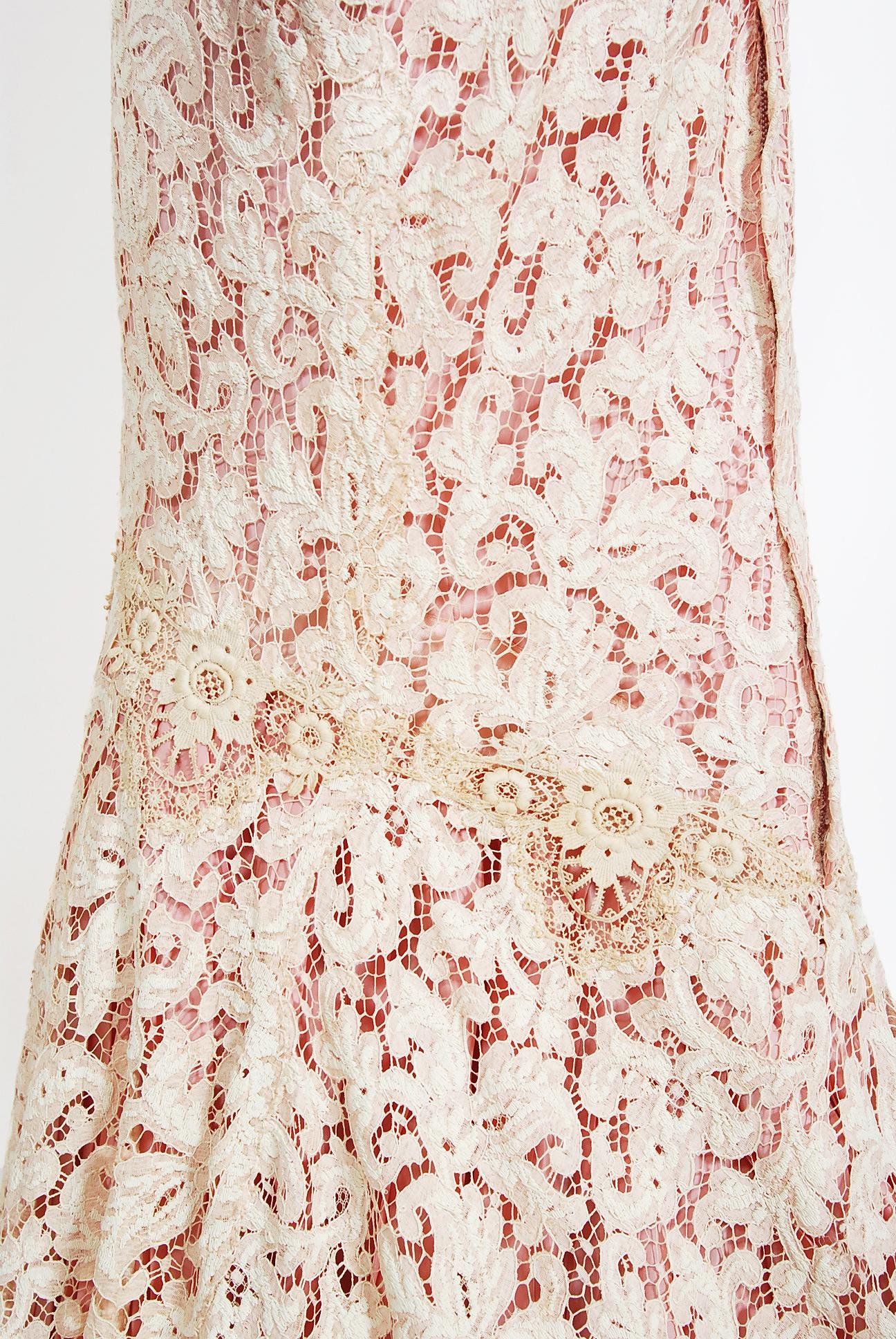 Vintage 1969 Gypsy Rose Lee Custom Couture Ivory Lace & Pink Silk Victorian Gown For Sale 3