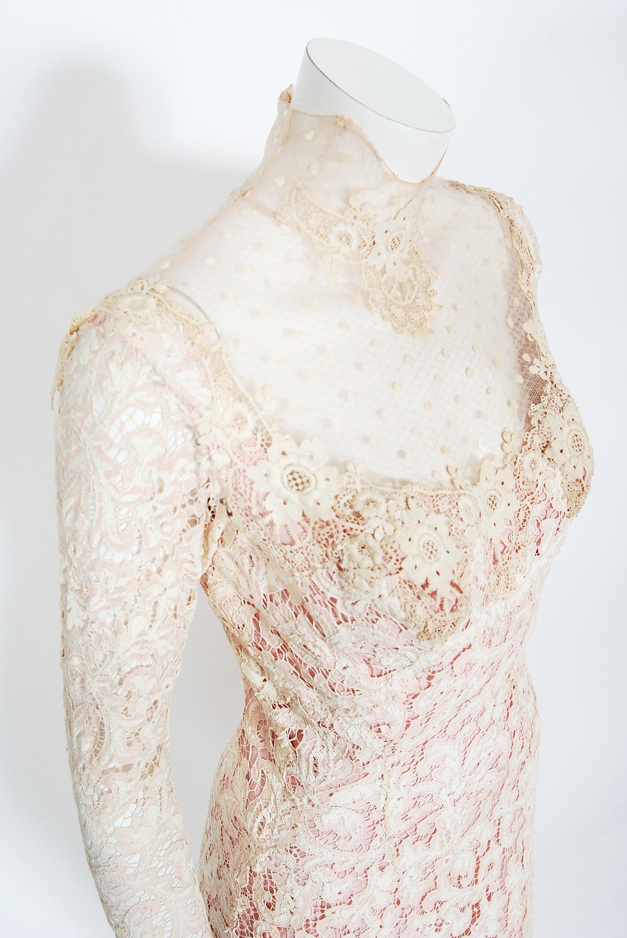 Vintage 1969 Gypsy Rose Lee Custom Couture Ivory Lace & Pink Silk Victorian Gown For Sale 4