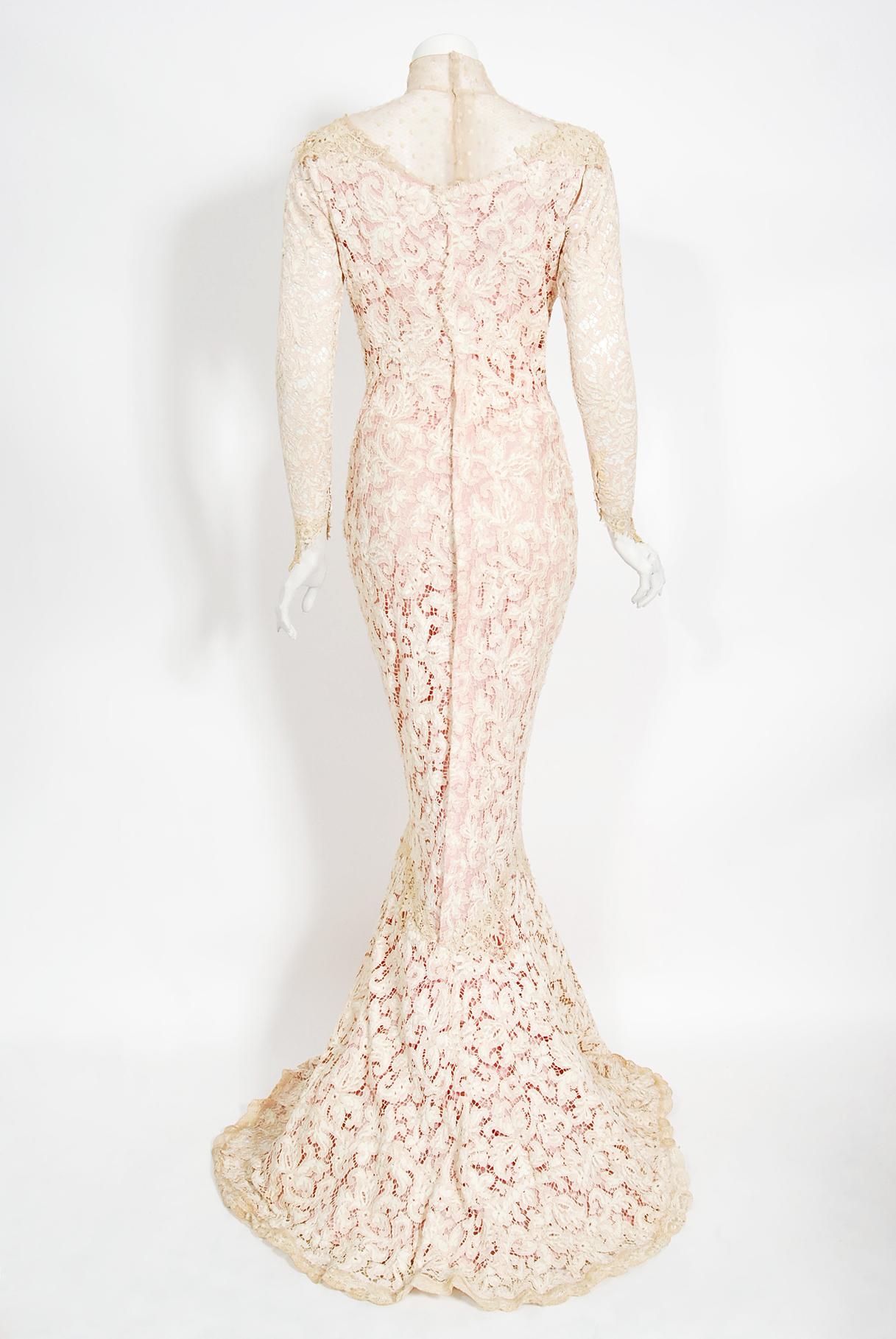 Vintage 1969 Gypsy Rose Lee Custom Couture Ivory Lace & Pink Silk Victorian Gown For Sale 5