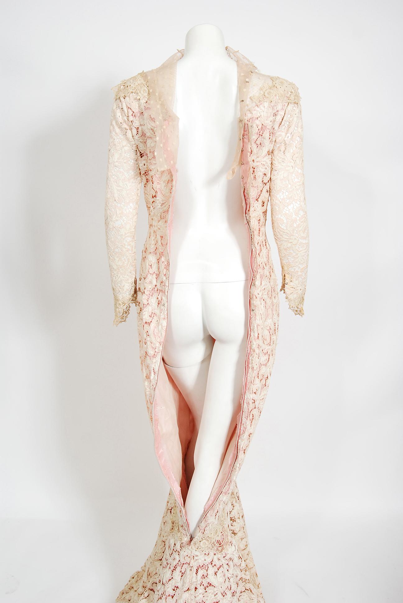 Vintage 1969 Gypsy Rose Lee Custom Couture Ivory Lace & Pink Silk Victorian Gown For Sale 6