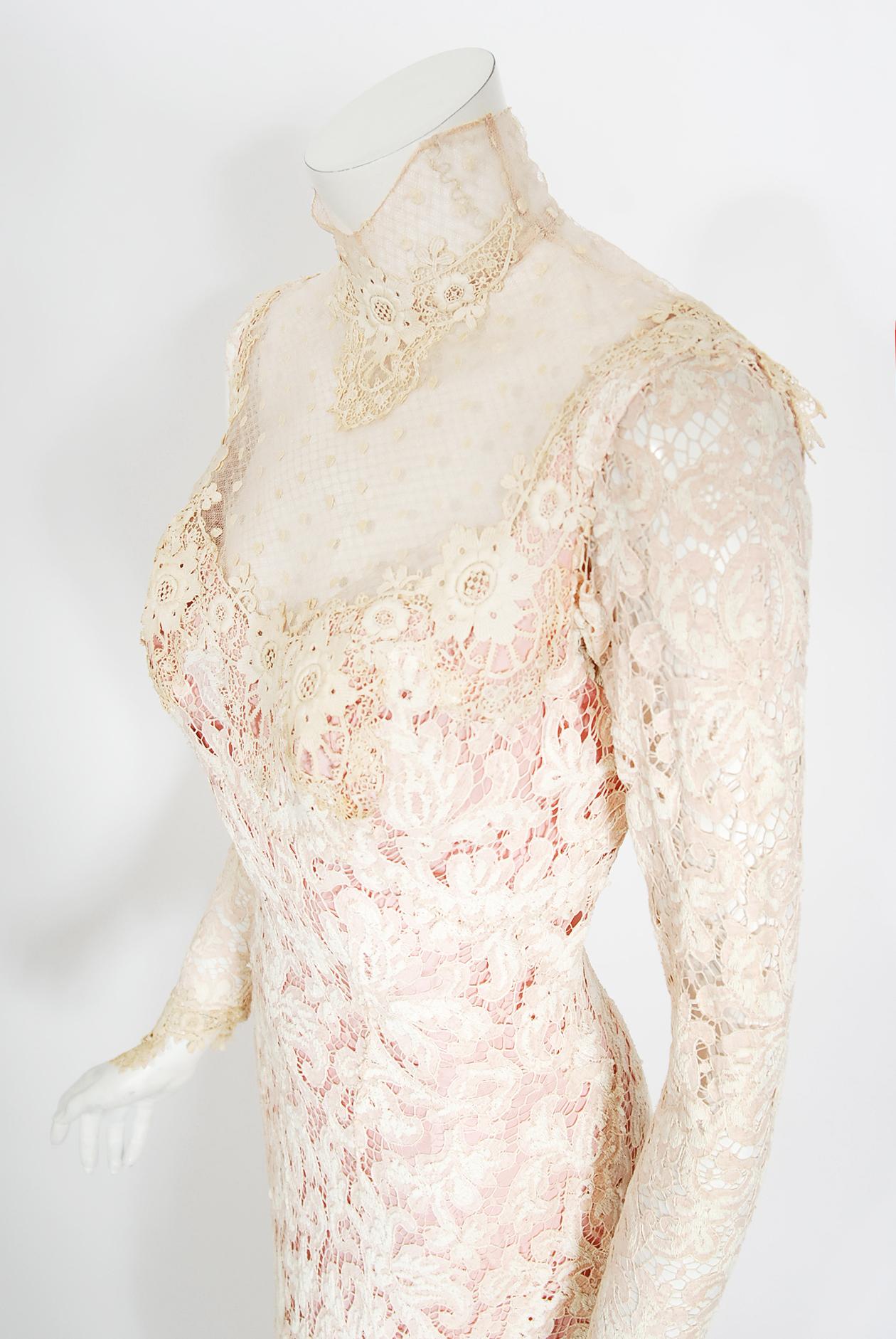 White Vintage 1969 Gypsy Rose Lee Custom Couture Ivory Lace & Pink Silk Victorian Gown For Sale