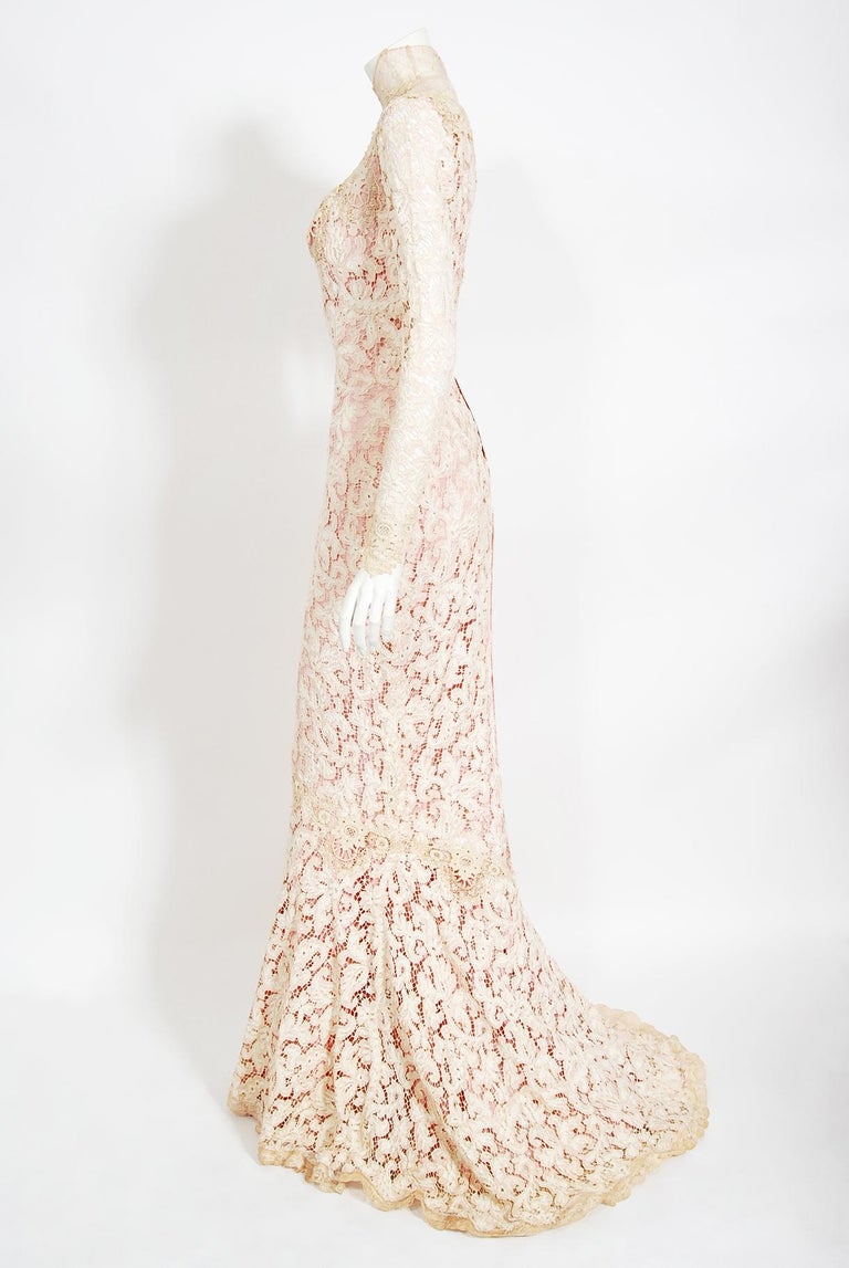 Vintage 1969 Gypsy Rose Lee Custom Couture Ivory Lace and Pink Silk  Victorian Gown For Sale at 1stDibs