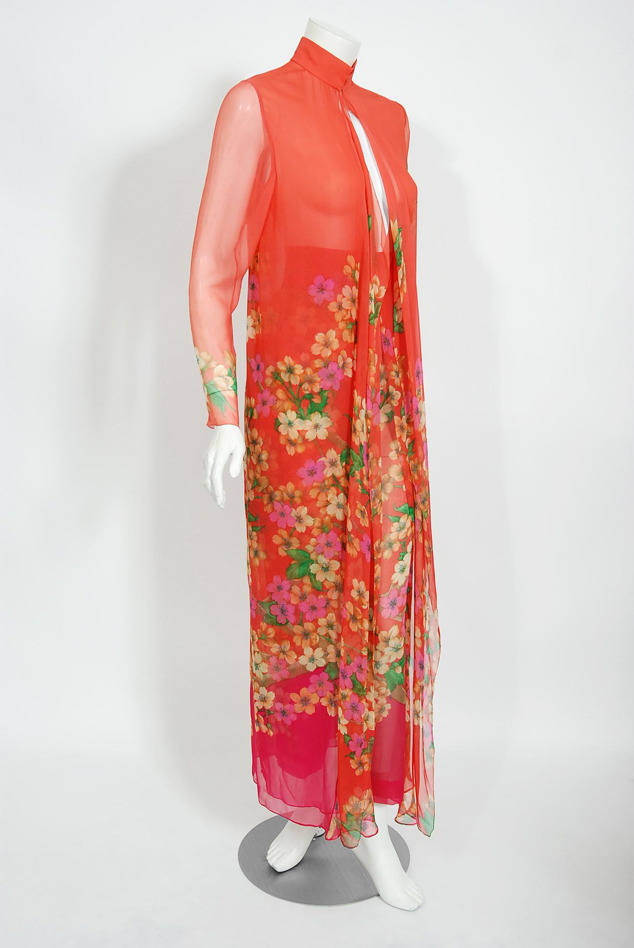 Orange Vintage 1969 Hanae Mori Couture Floral Silk-Chiffon Full Length Jacket & Pants