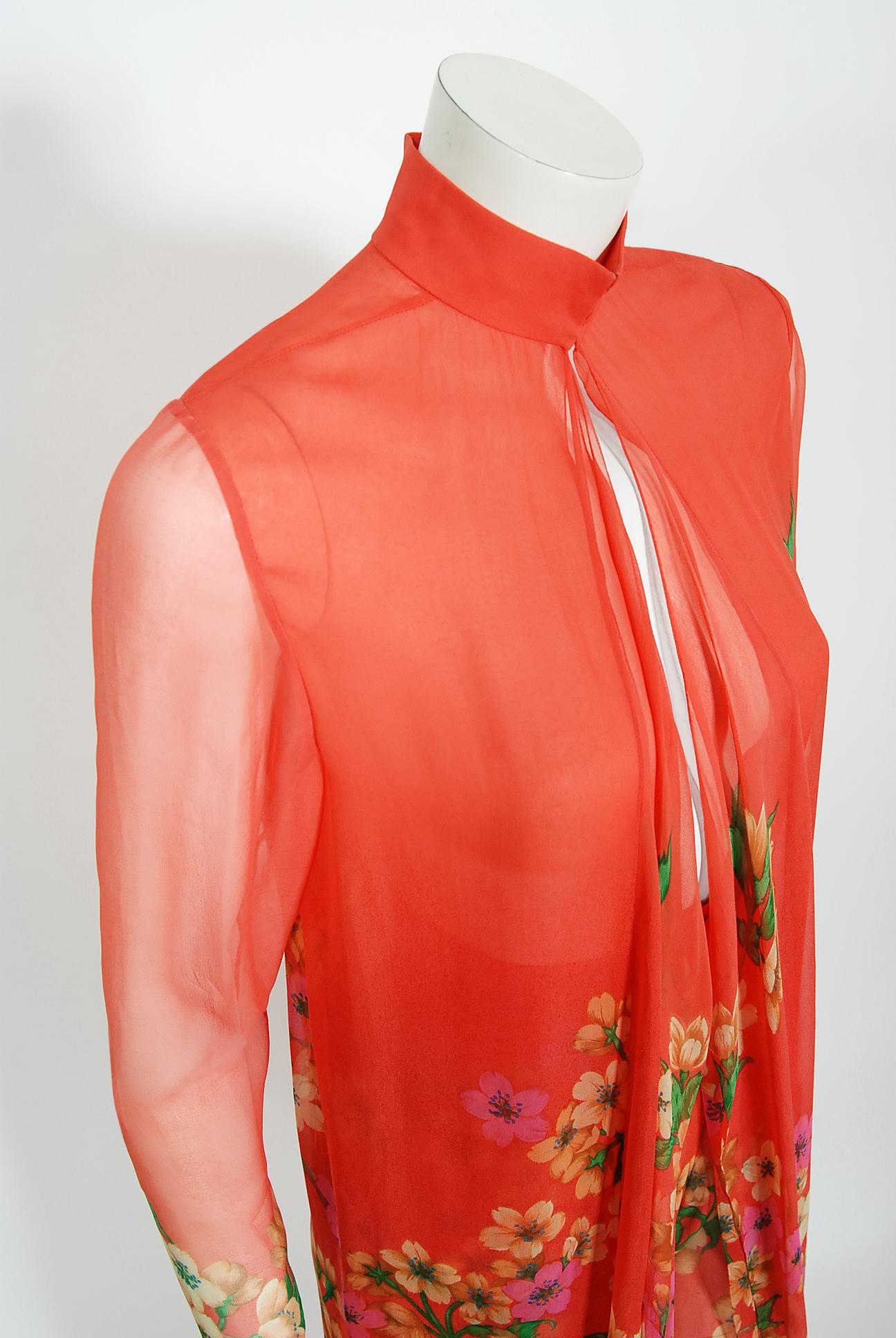 Vintage 1969 Hanae Mori Couture Floral Silk-Chiffon Full Length Jacket & Pants In Good Condition In Beverly Hills, CA