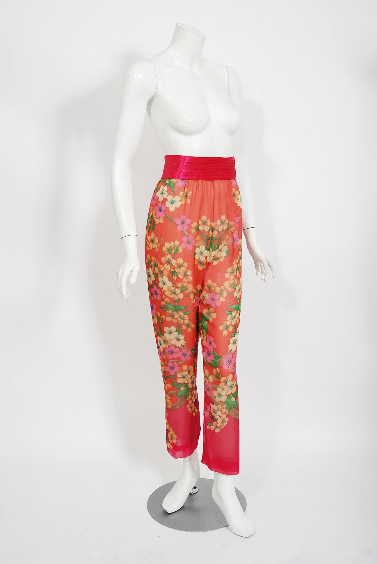 Vintage 1969 Hanae Mori Couture Floral Silk-Chiffon Full Length Jacket & Pants 2