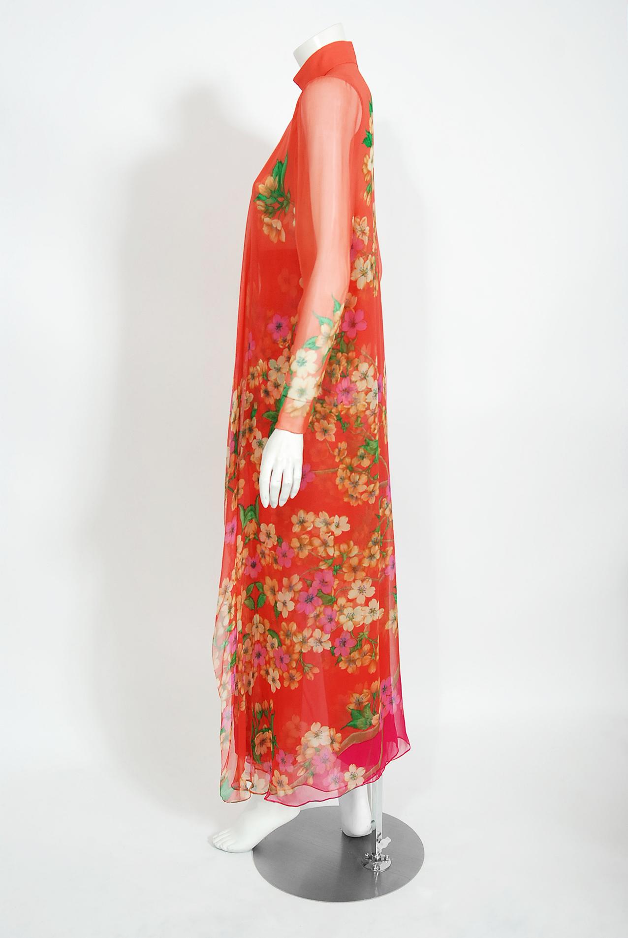 Women's Vintage 1969 Hanae Mori Couture Floral Silk-Chiffon Full Length Jacket & Pants