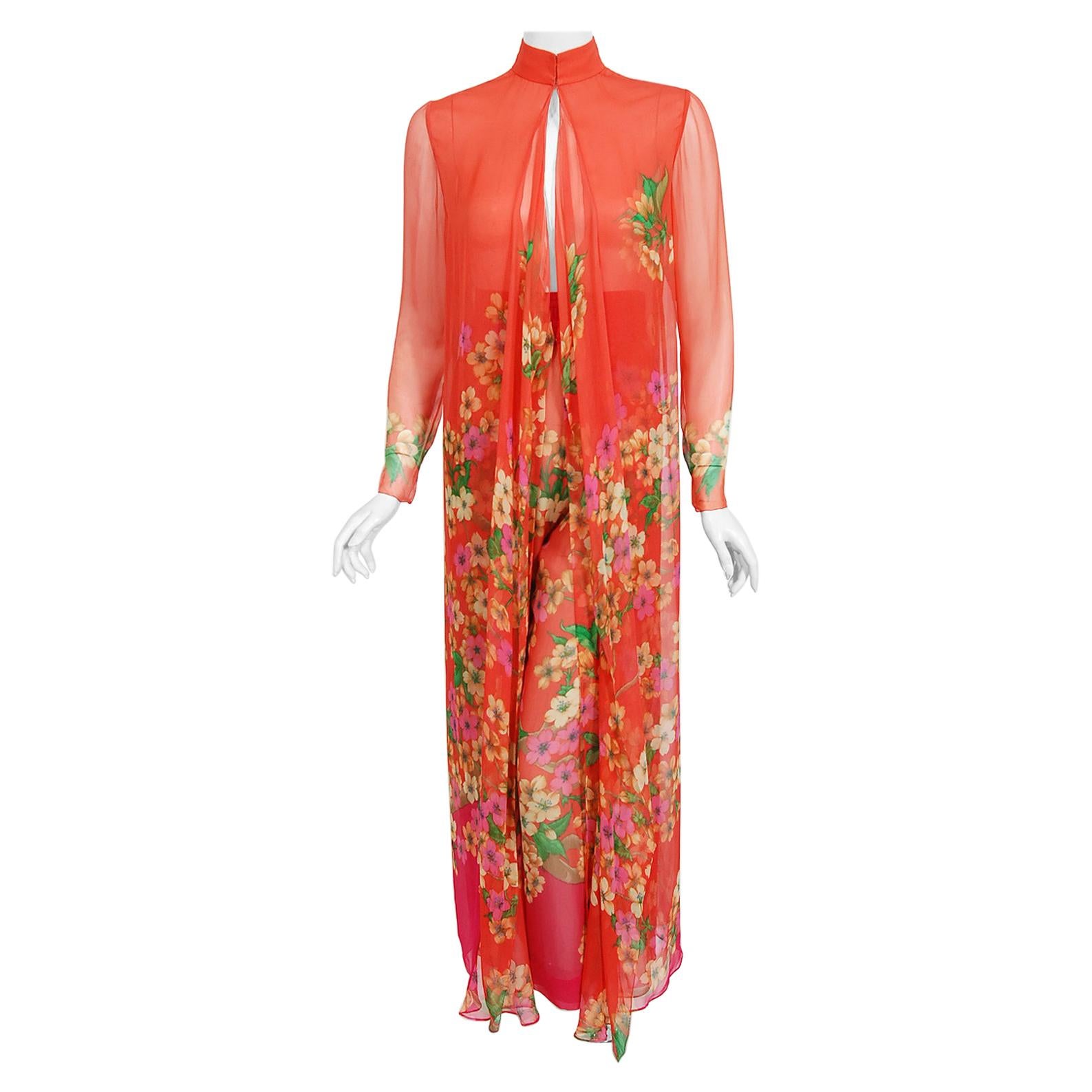 Vintage 1969 Hanae Mori Couture Floral Silk-Chiffon Full Length Jacket & Pants