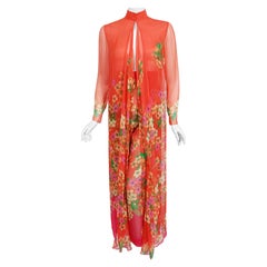 Retro 1969 Hanae Mori Couture Floral Silk-Chiffon Full Length Jacket & Pants