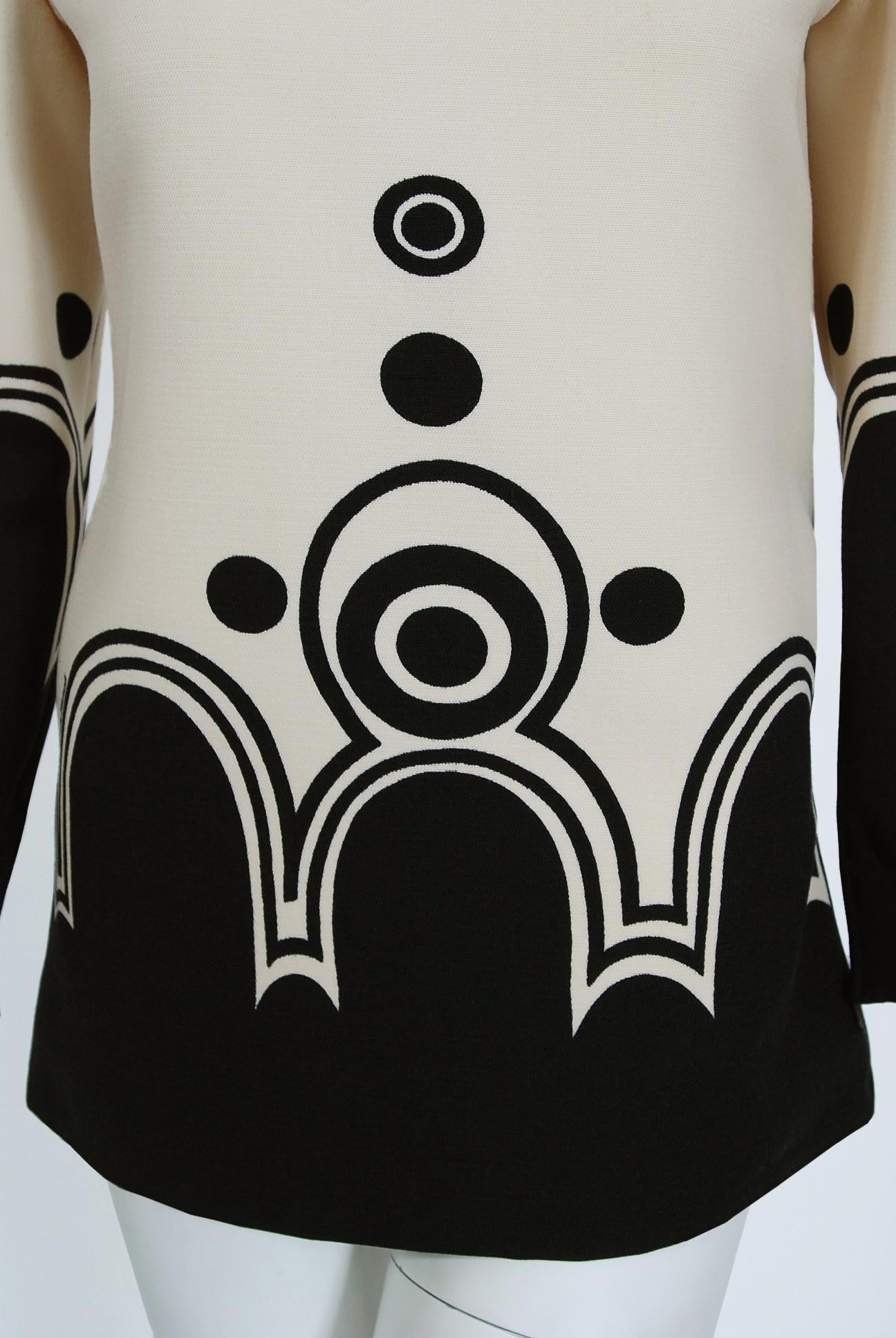 White Vintage 1969 Louis Feraud Couture Documented Black Ivory Op-Art Wool Crepe Tunic