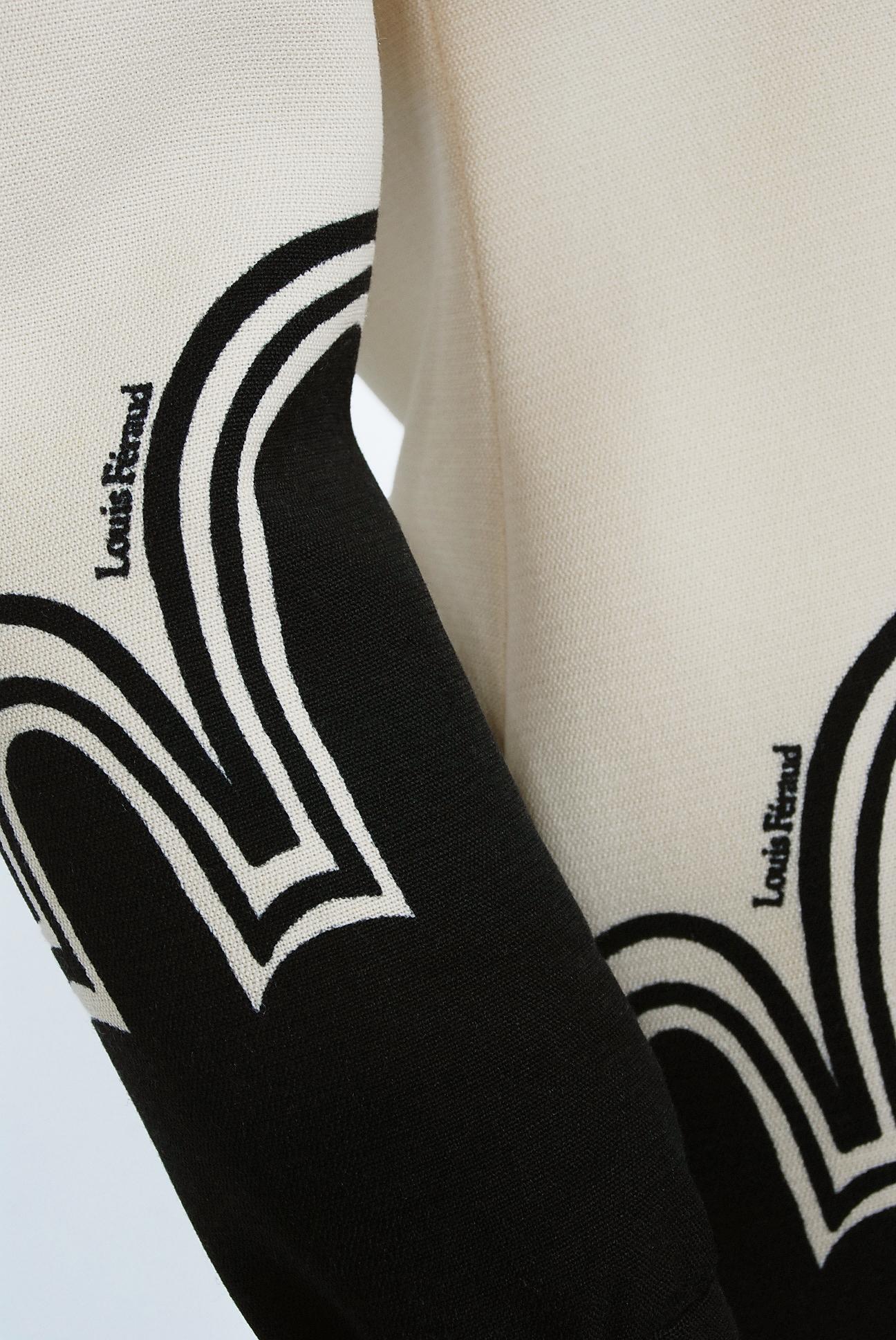 Vintage 1969 Louis Feraud Couture Documented Black Ivory Op-Art Wool Crepe Tunic In Good Condition In Beverly Hills, CA