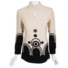 Vintage 1969 Louis Feraud Couture Documented Black Ivory Op-Art Wool Crepe Tunic