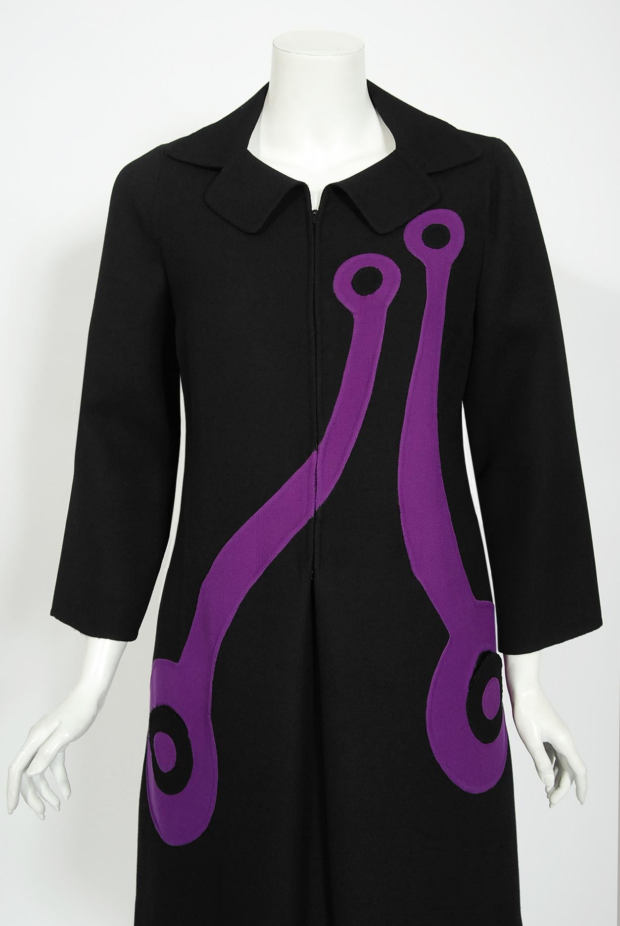 An important and truly stunning Mila Schön Couture black and purple mod coat dress dating back to her 1968-69 fall/winter collection. She was living in Milan with her husband when she decided to enter the world of Italian fashion. This charming and