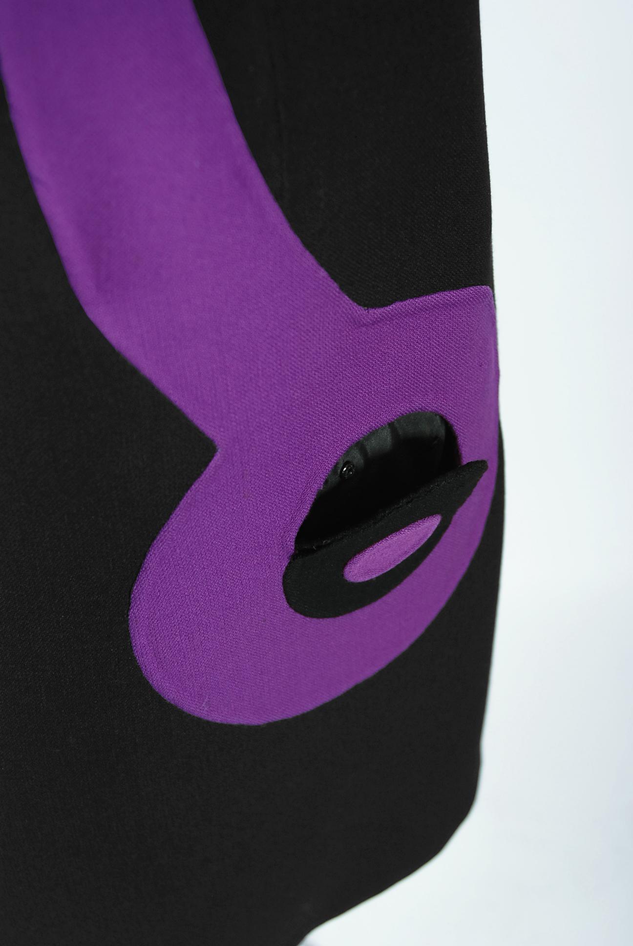 Women's Vintage 1969 Mila Schön Italian Couture Black Purple Wool Mod Target Coat Dress For Sale