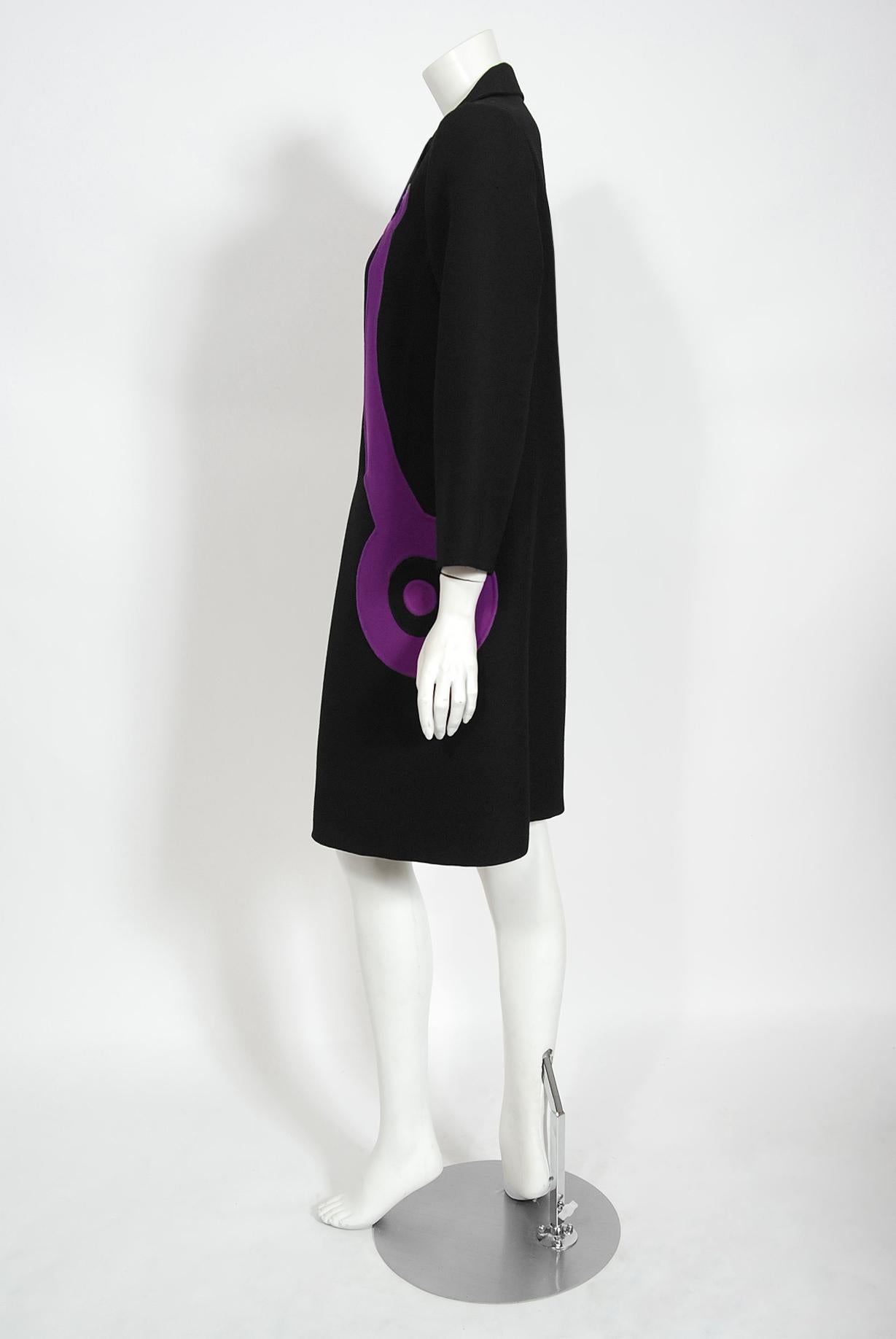 Vintage 1969 Mila Schön Italian Couture Black Purple Wool Mod Target Coat Dress For Sale 1