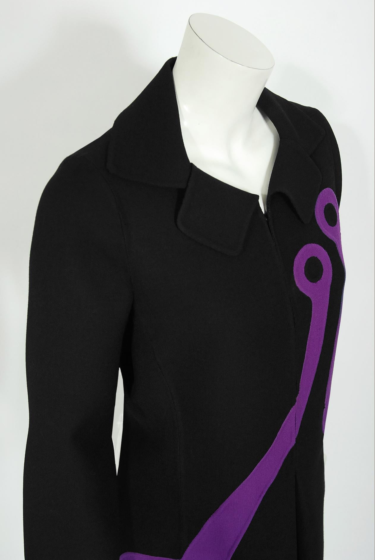 Vintage 1969 Mila Schön Italian Couture Black Purple Wool Mod Target Coat Dress For Sale 2